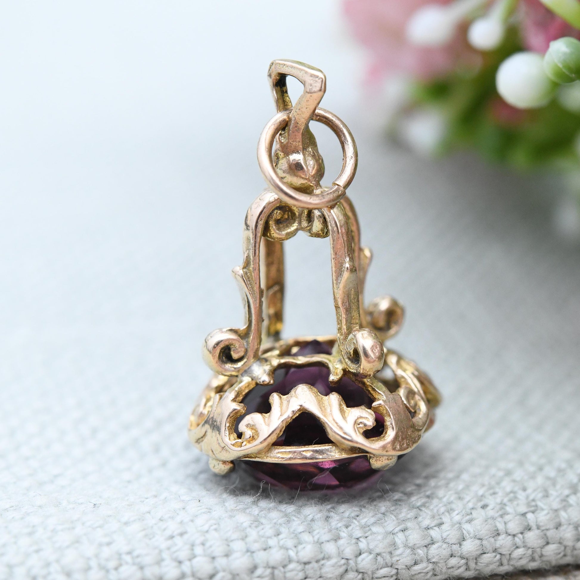 Vintage 9ct Gold Watch Fob 1966 - Mid-Century Faceted Purple Glass Stone Watch Fob Pendant Ornate Antique Style Pretty Gift for Her Charm