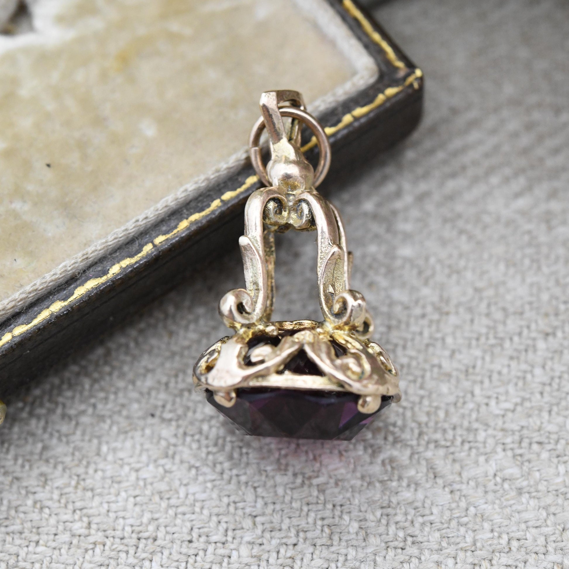 Vintage 9ct Gold Watch Fob 1966 - Mid-Century Faceted Purple Glass Stone Watch Fob Pendant Ornate Antique Style Pretty Gift for Her Charm