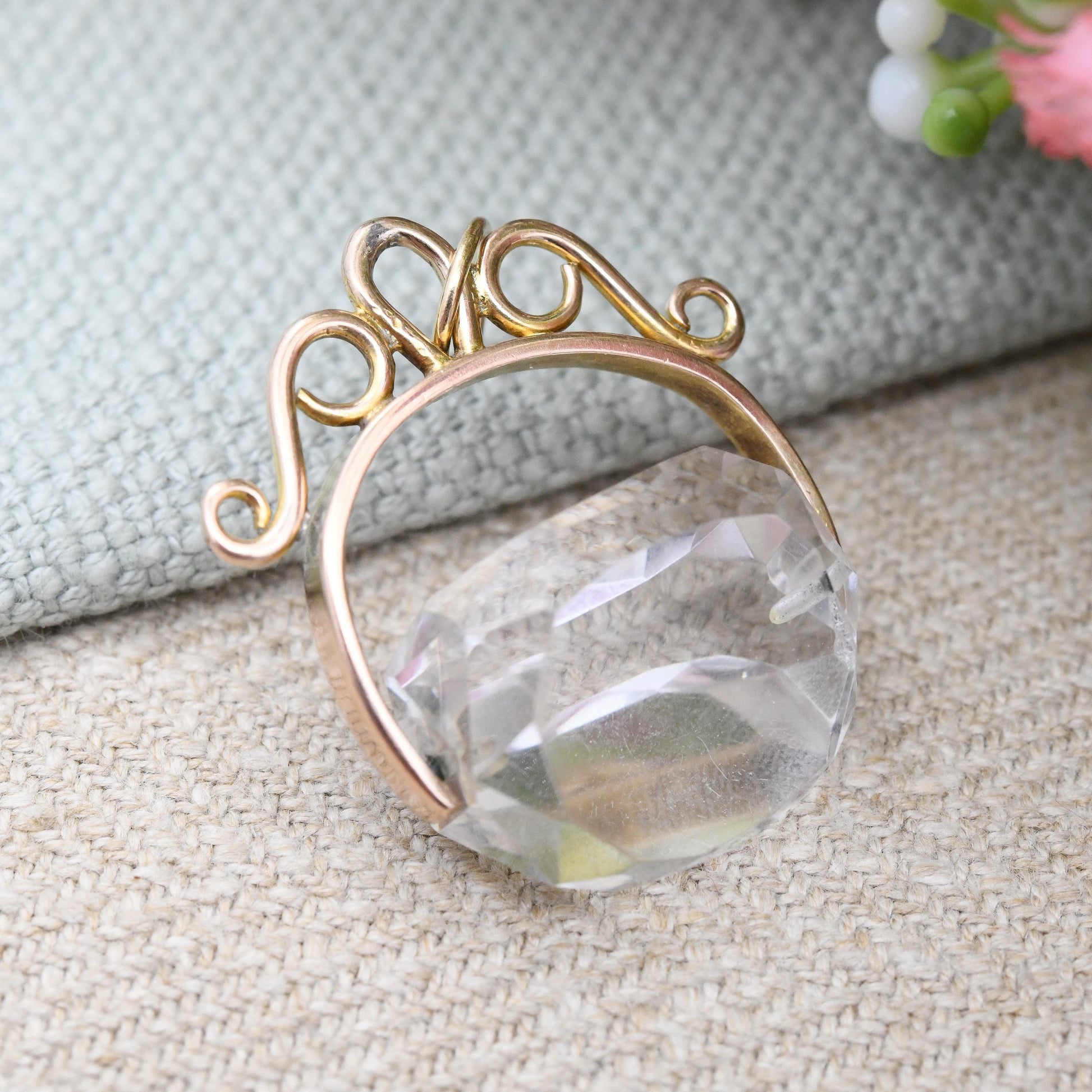 Antique 9ct Gold Spinner Fob with Large Clear Stone - Faceted Stone Watch Fob Pendant Ornate Scrolling Design Jewellery Large Charm Gift