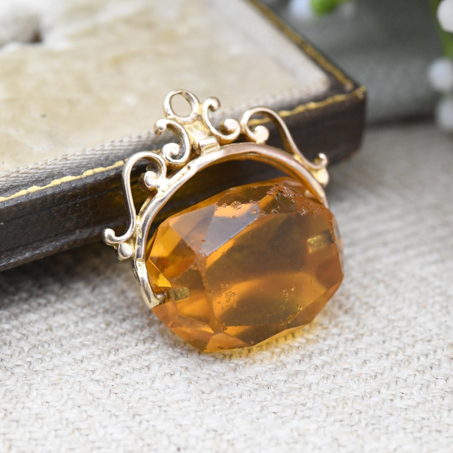 Vintage 9ct Gold Orange Spinner Fob 1969 - Faceted Citrine Paste Watch Fob Pendant | Ornate Design Antique Style | Fidget Pendant