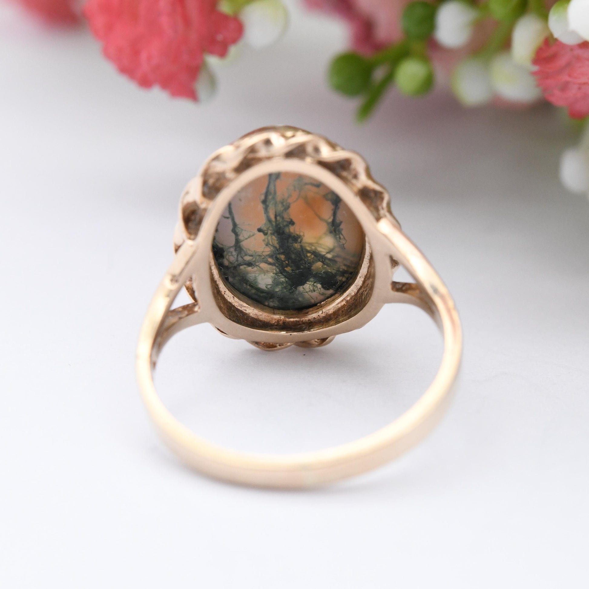 Vintage 9ct Gold Moss Agate Ring - Statement Mid-Century Large Green and Orange Gemstone Gold Jewellery Gift | UK Size - M | US Size - 6 1/4