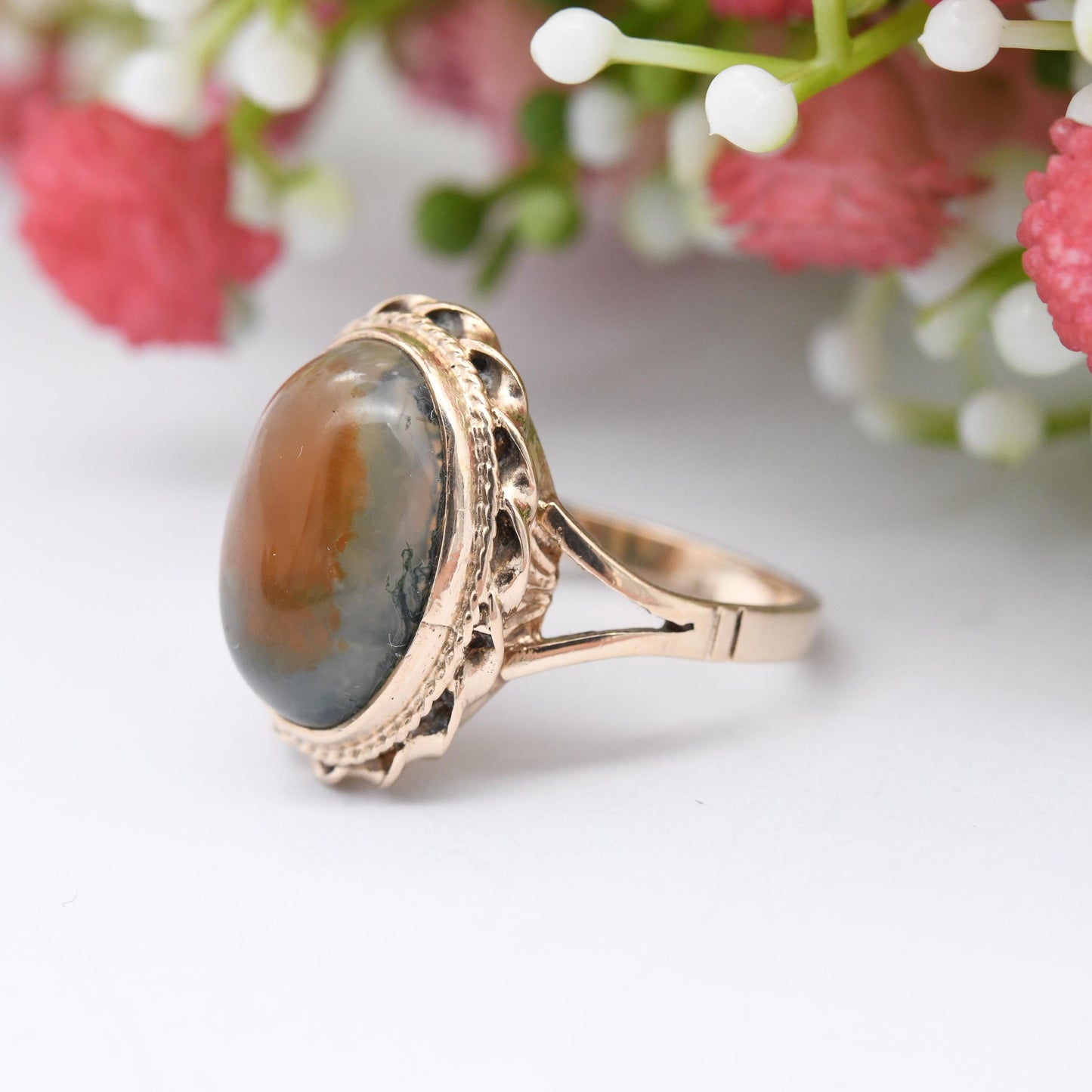 Vintage 9ct Gold Moss Agate Ring - Statement Mid-Century Large Green and Orange Gemstone Gold Jewellery Gift | UK Size - M | US Size - 6 1/4