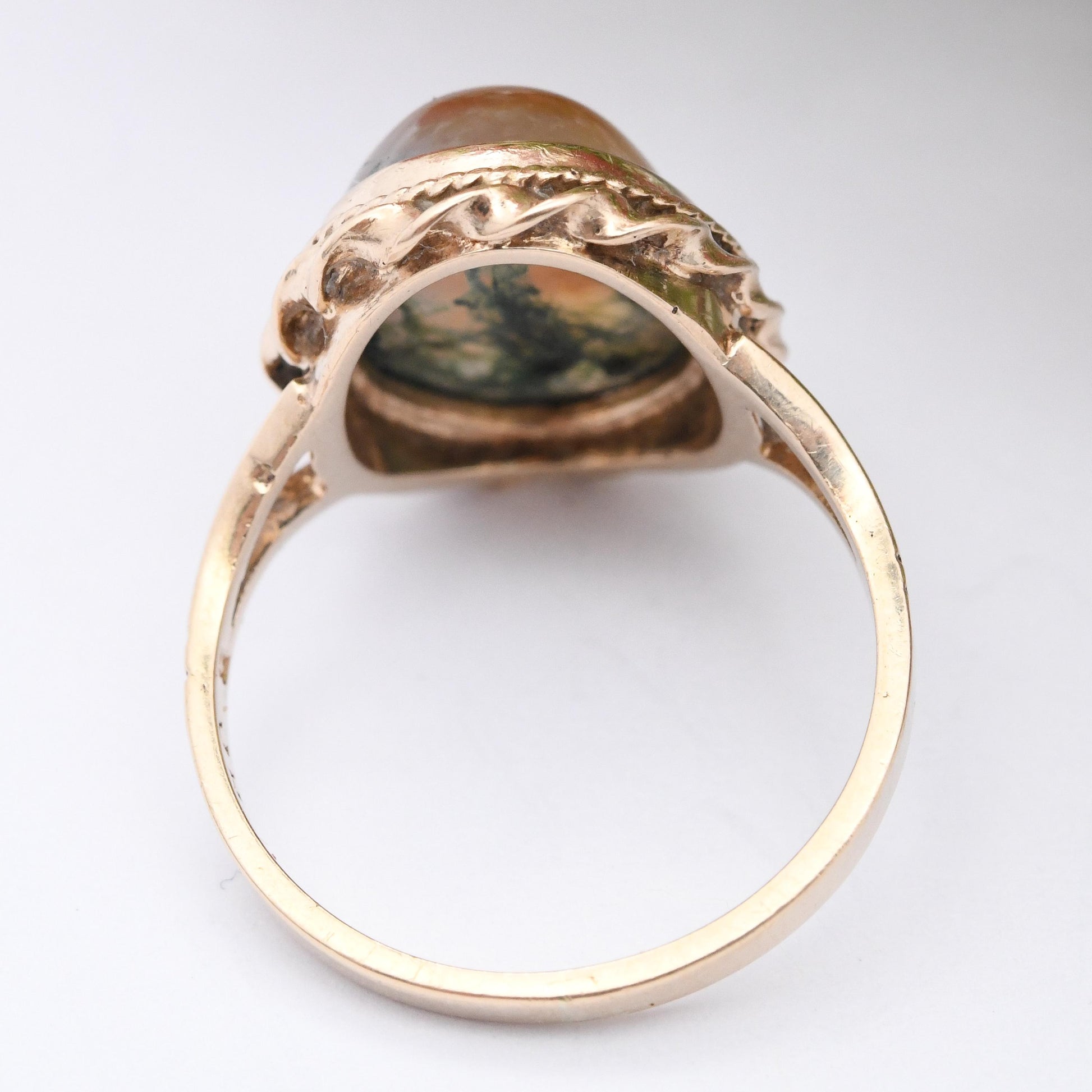 Vintage 9ct Gold Moss Agate Ring - Statement Mid-Century Large Green and Orange Gemstone Gold Jewellery Gift | UK Size - M | US Size - 6 1/4