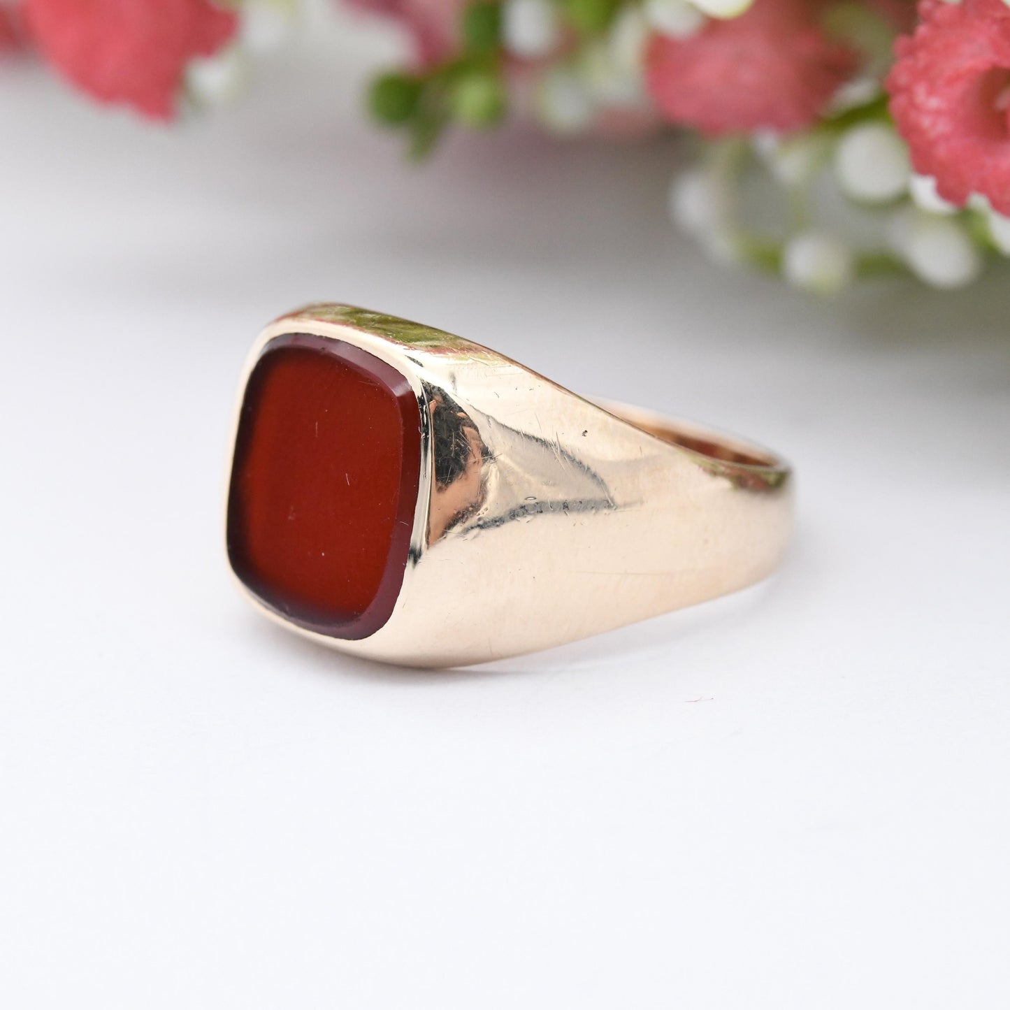 Vintage 9ct Gold Carnelian Signet Ring 1955 - Unisex Chunky Solid Gold Blank Plaque | Boyfriend Gift | UK Size - W 1/2 | US Size - 11 1/4