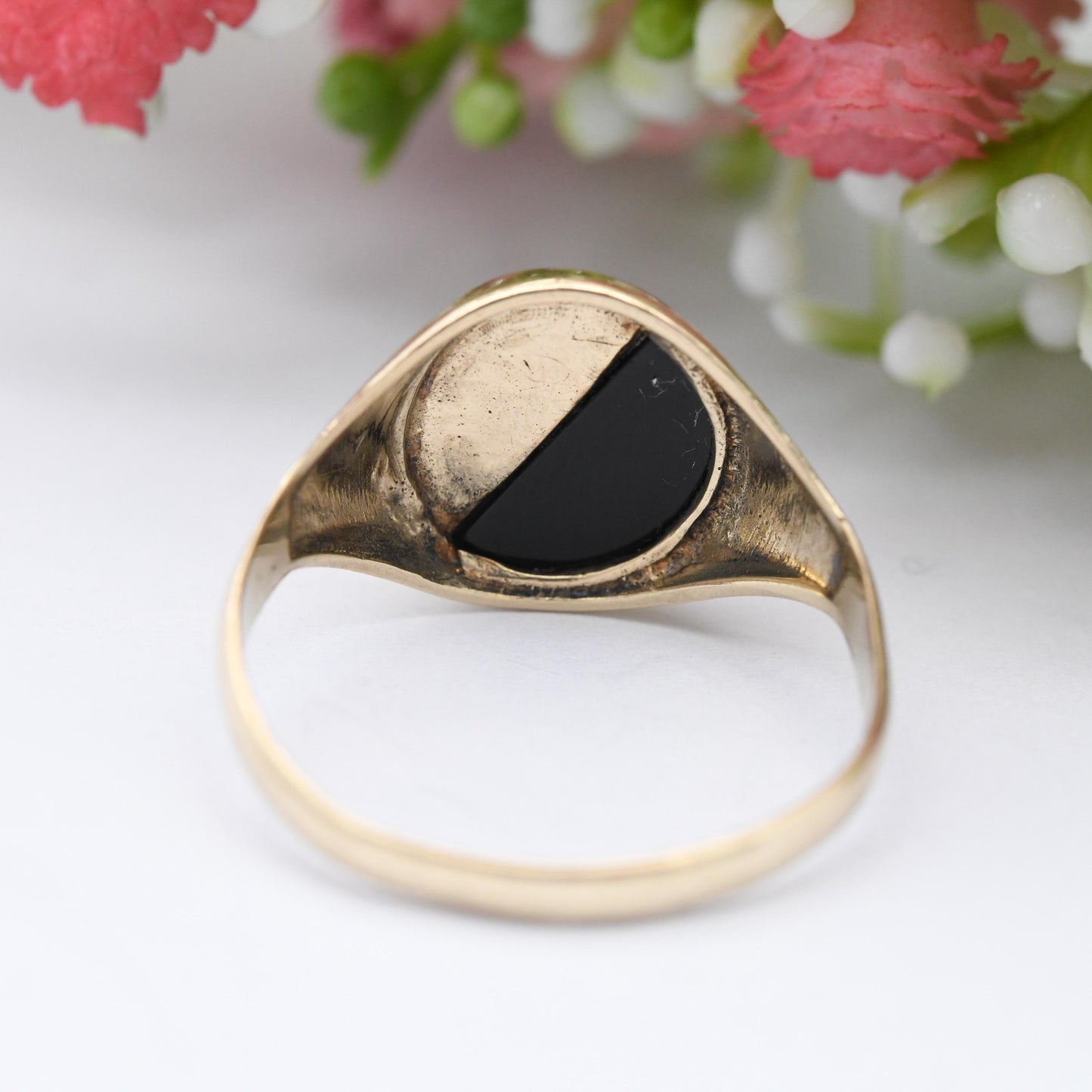 Vintage 9ct Gold Onyx Signet Ring 1984 Two Tone Design - Unisex Gift for Him Starburst Textured | Large UK Size - U 1/2 US Size - 10 1/4