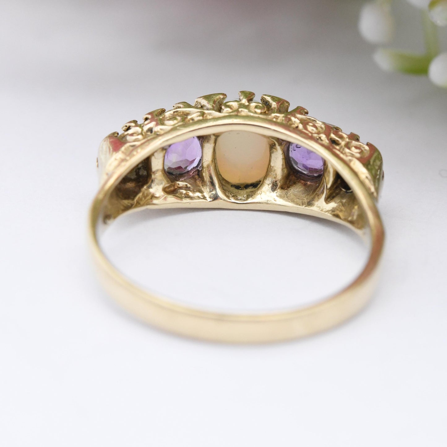 Vintage 9ct Gold Opal Amethyst Five Stone Ring - Pretty Mid-Century Antique Revival Purple White Gemstones | UK Size - P | US Size - 7 3/4