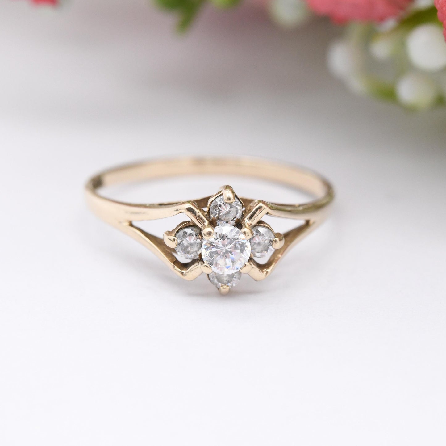 Vintage 9ct Gold Cluster Ring 1983 with Clear Stones - Mid-Century Delicate Cocktail Elven Style Star Ring | UK Size - O | US Size - 7 1/4