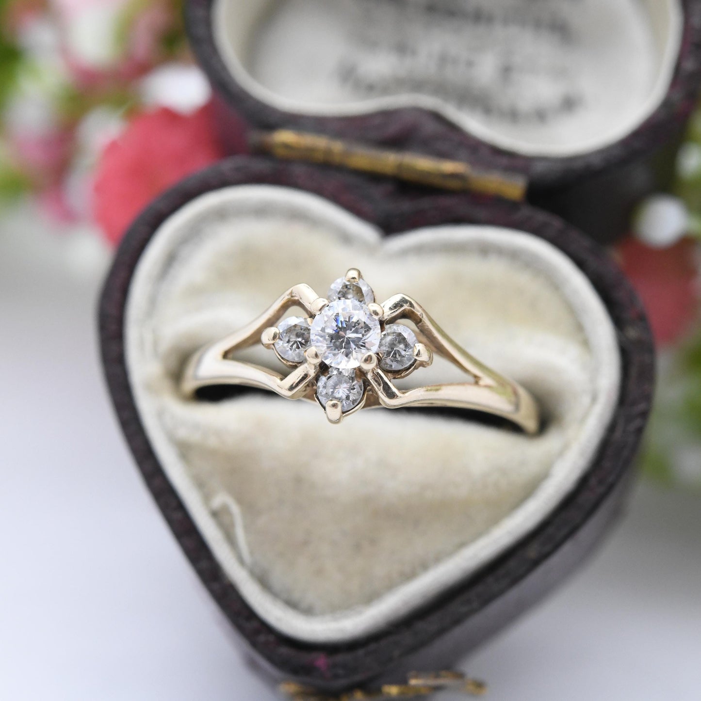 Vintage 9ct Gold Cluster Ring 1983 with Clear Stones - Mid-Century Delicate Cocktail Elven Style Star Ring | UK Size - O | US Size - 7 1/4