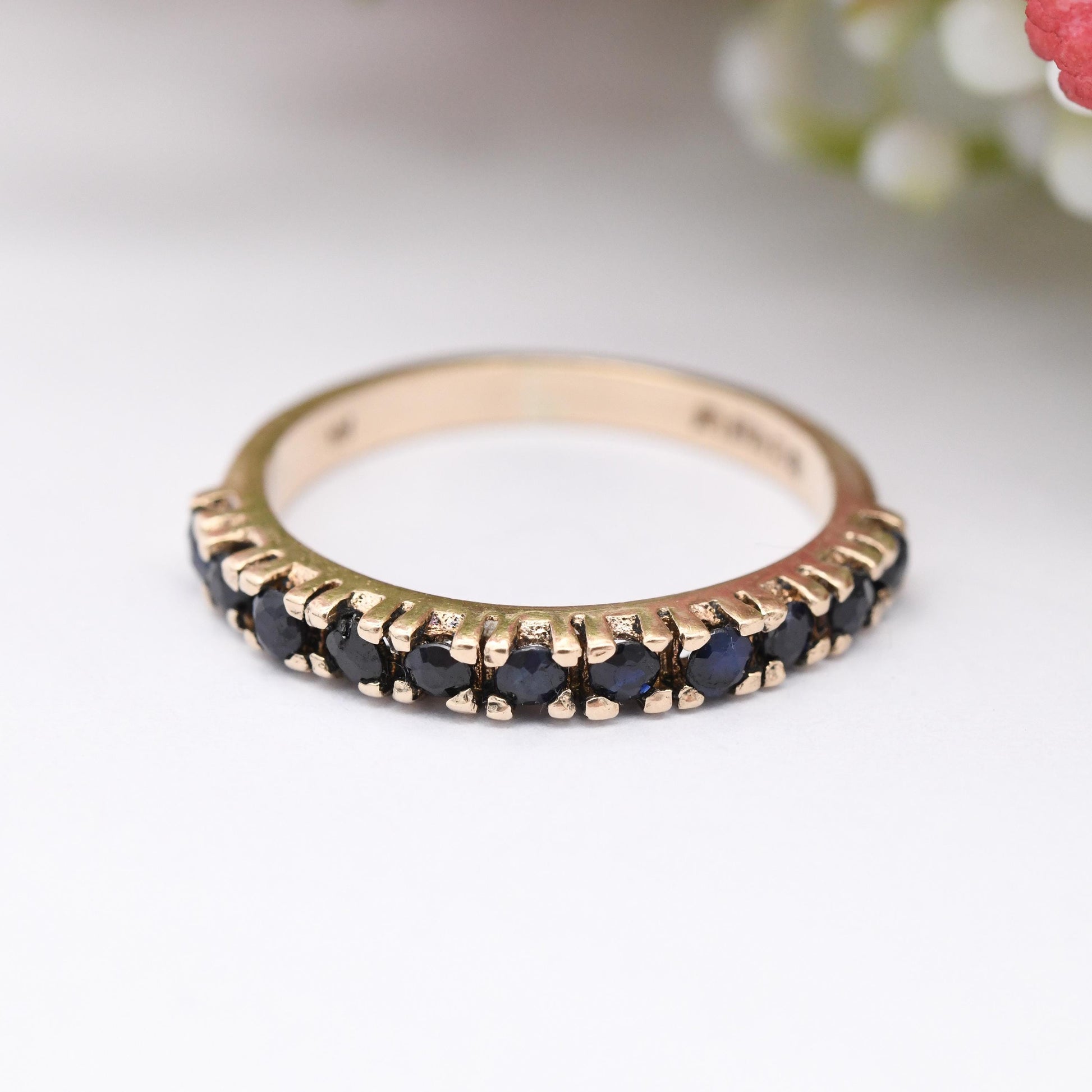 Vintage 9ct Gold Sapphire Half Eternity Ring 1979 - Faceted Blue Gemstone Band Stacker Ring Pretty Gold Gift | UK Size - L | US Size - 5 3/4