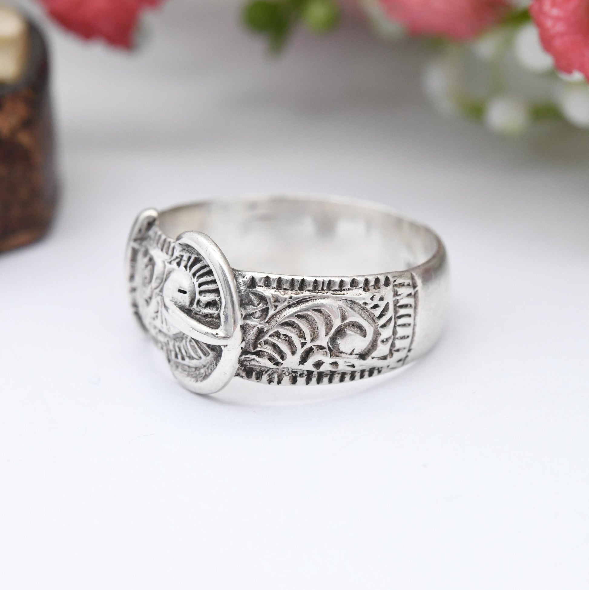 Antique Sterling Silver Buckle Ring with Hand Engraved Scrolling - Ornate Victorian Band Unisex Belt Ring | UK Size - O 1/2 | US Size - 7