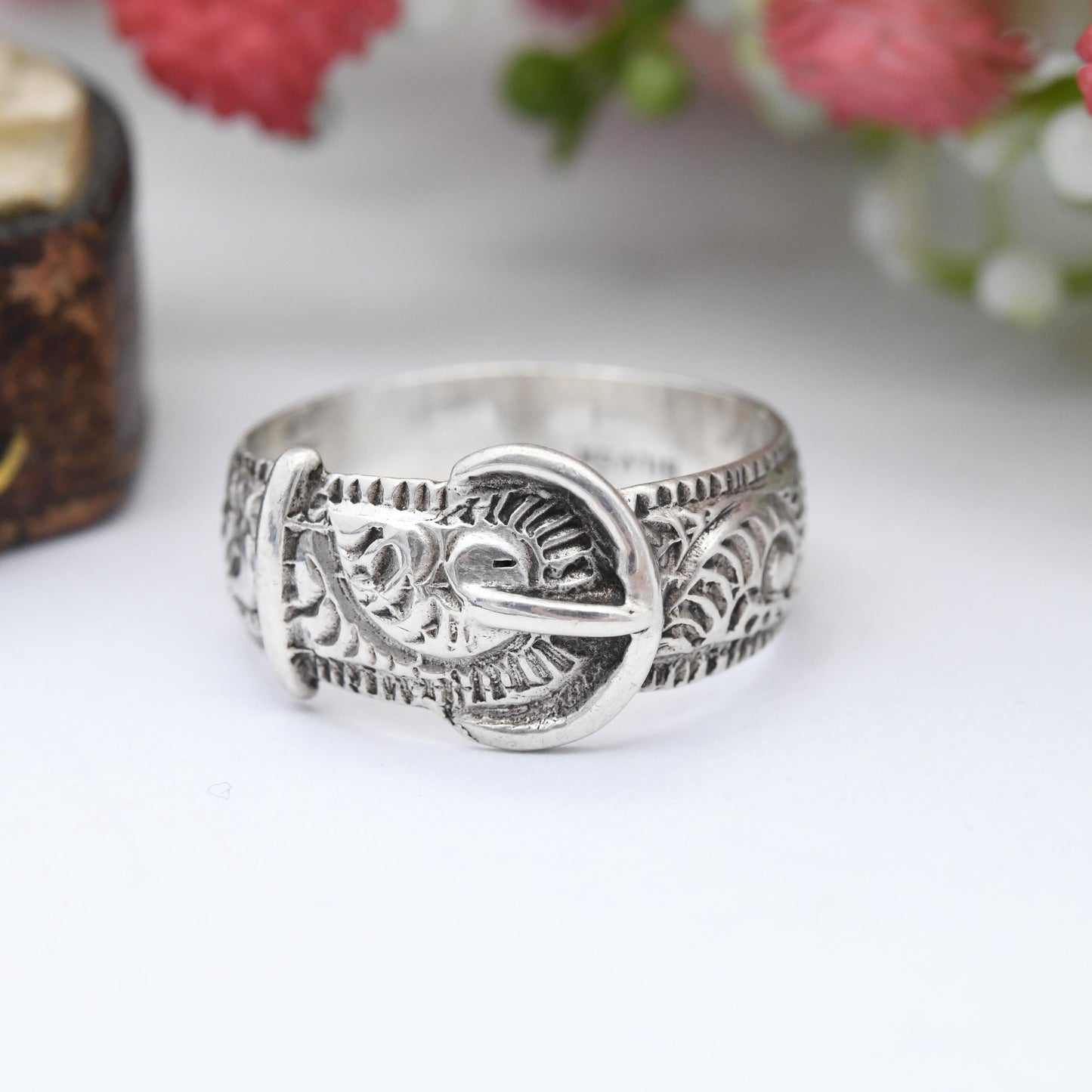 Antique Sterling Silver Buckle Ring with Hand Engraved Scrolling - Ornate Victorian Band Unisex Belt Ring | UK Size - O 1/2 | US Size - 7