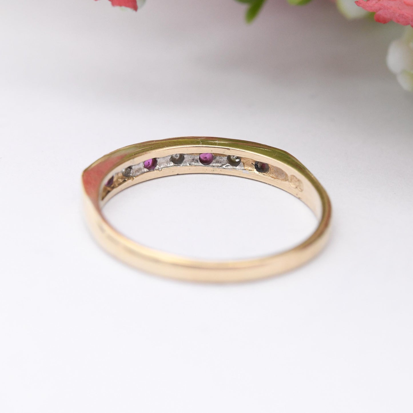 Vintage 9ct Gold Diamond and Ruby Half Eternity Ring 1982 - 7 Stone Mid-Century Stacker Ring Gift for Her | UK Size - N | US Size - 6 3/4