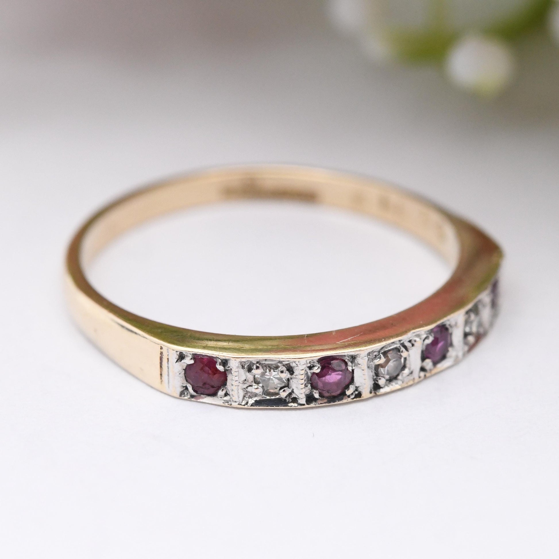 Vintage 9ct Gold Diamond and Ruby Half Eternity Ring 1982 - 7 Stone Mid-Century Stacker Ring Gift for Her | UK Size - N | US Size - 6 3/4