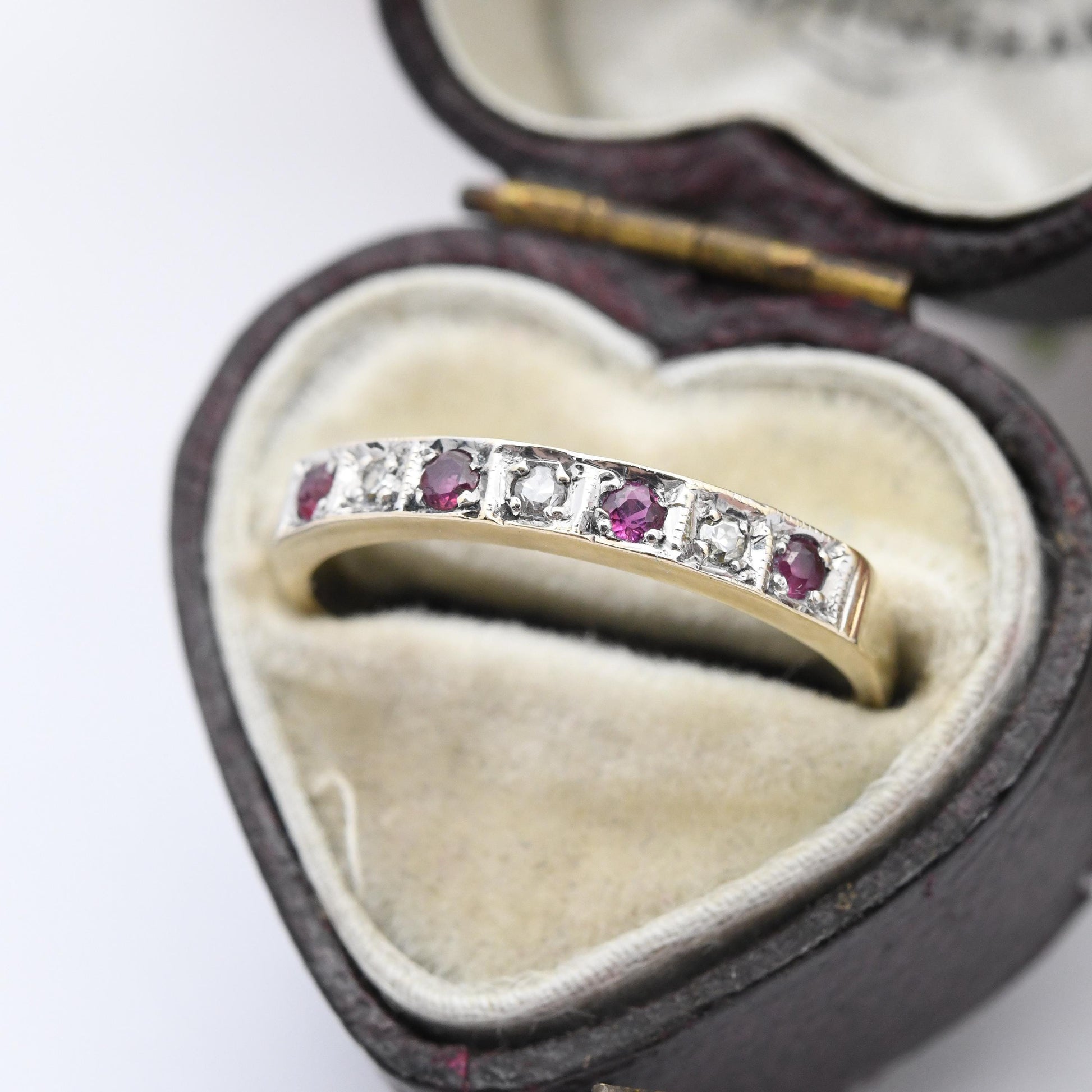 Vintage 9ct Gold Diamond and Ruby Half Eternity Ring 1982 - 7 Stone Mid-Century Stacker Ring Gift for Her | UK Size - N | US Size - 6 3/4