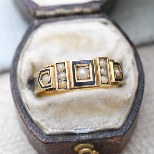 Antique Victorian 15ct Gold Mourning Ring 1897 Chester - Hair Band Black Enamel Split Pearls Black and White | UK Size - P | US Size - 7 1/2