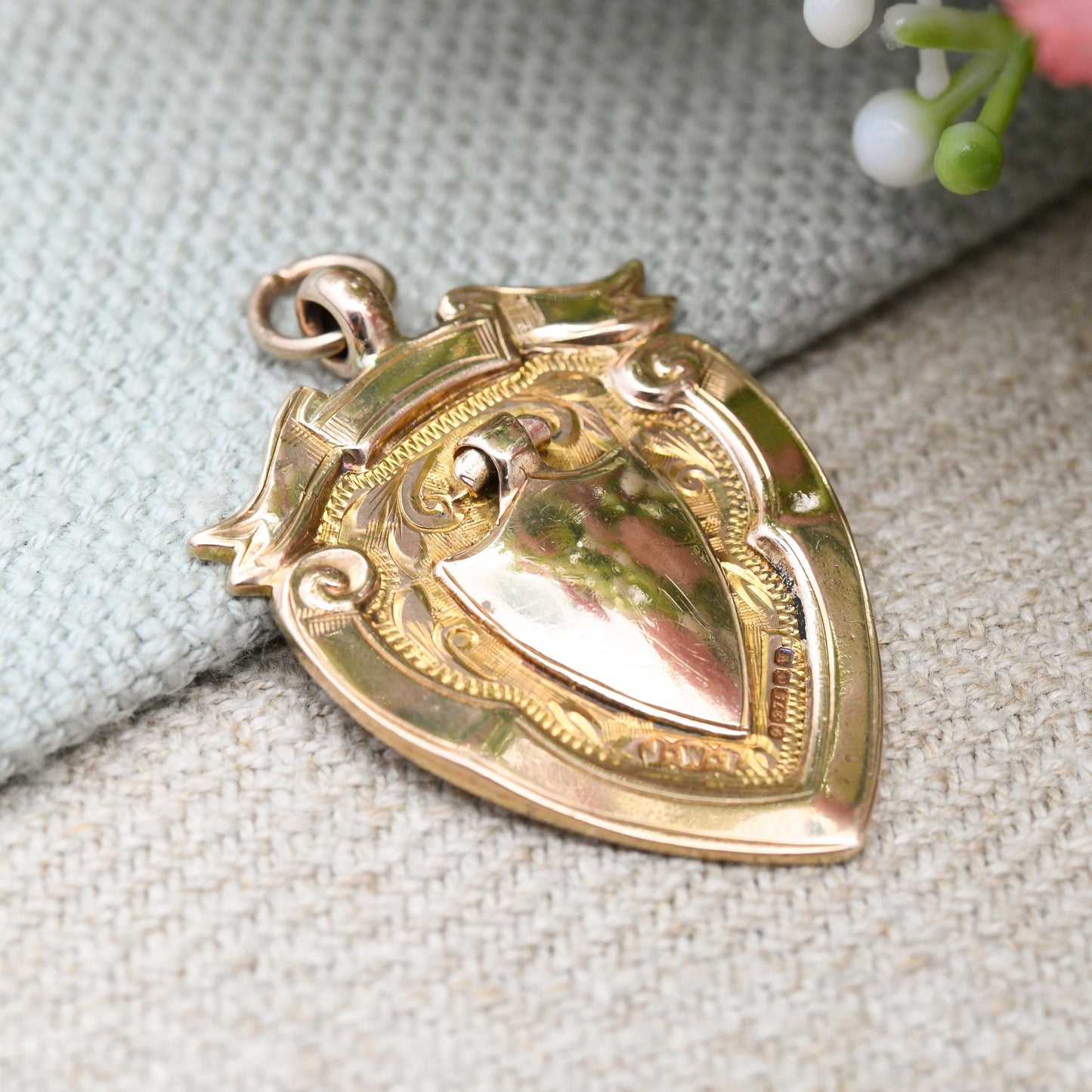 Antique 9ct Gold Shield Fob 1921 by James Walter Tiptaft - Watch Fob Pendant | Blank for Engraving | Rose Gold