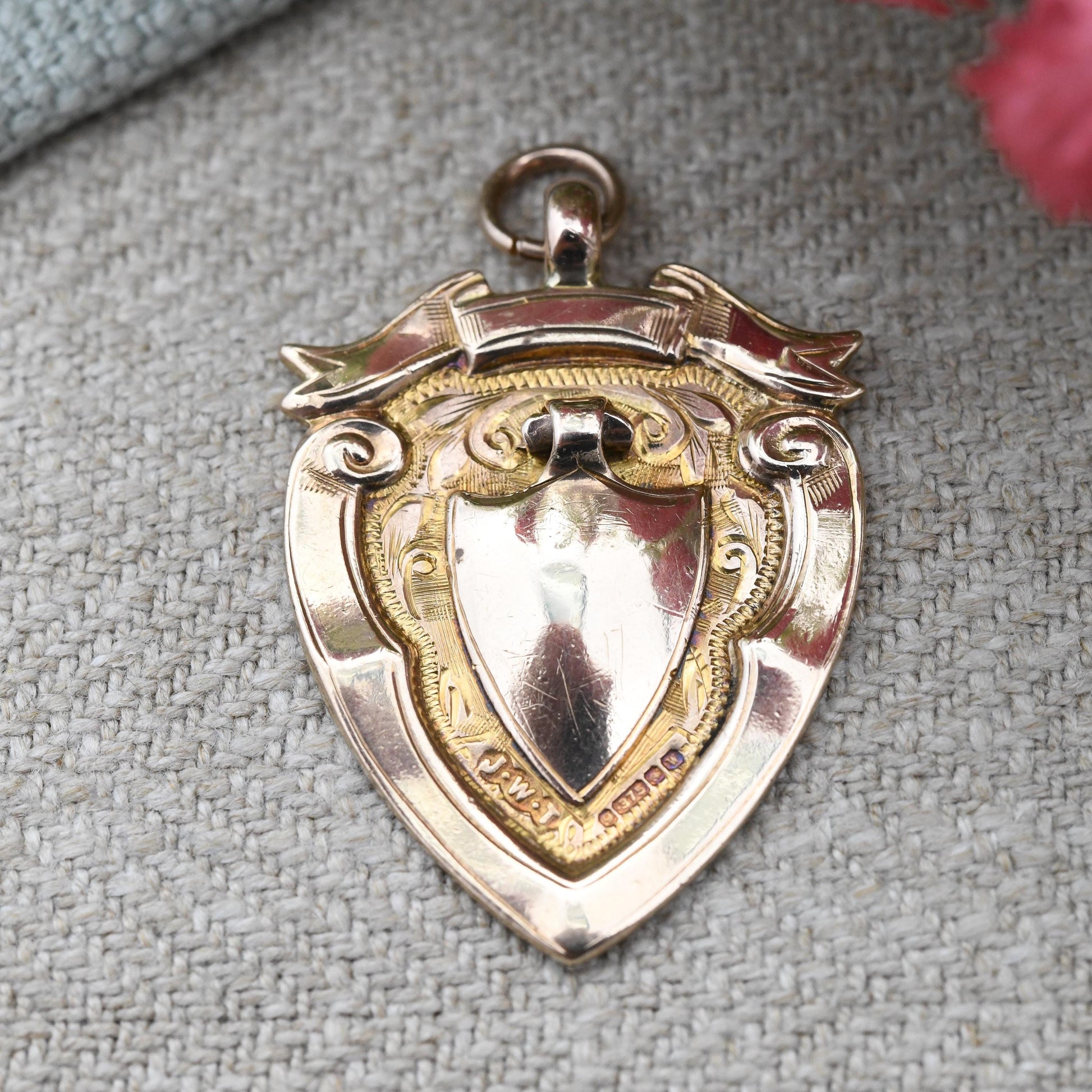 Antique 9ct Gold Shield Fob 1921 by James Walter Tiptaft - Watch Fob Pendant | Blank for Engraving | Rose Gold