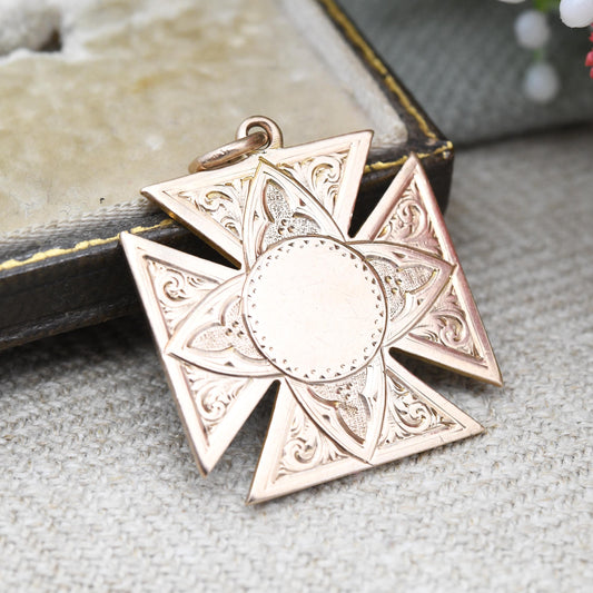 Antique 9ct Gold Square Cross Fob 1918 Scrolling Engraved - Solid Gold Maltese Cross Watch Fob Pendant | Blank for Engraving | Rose Gold