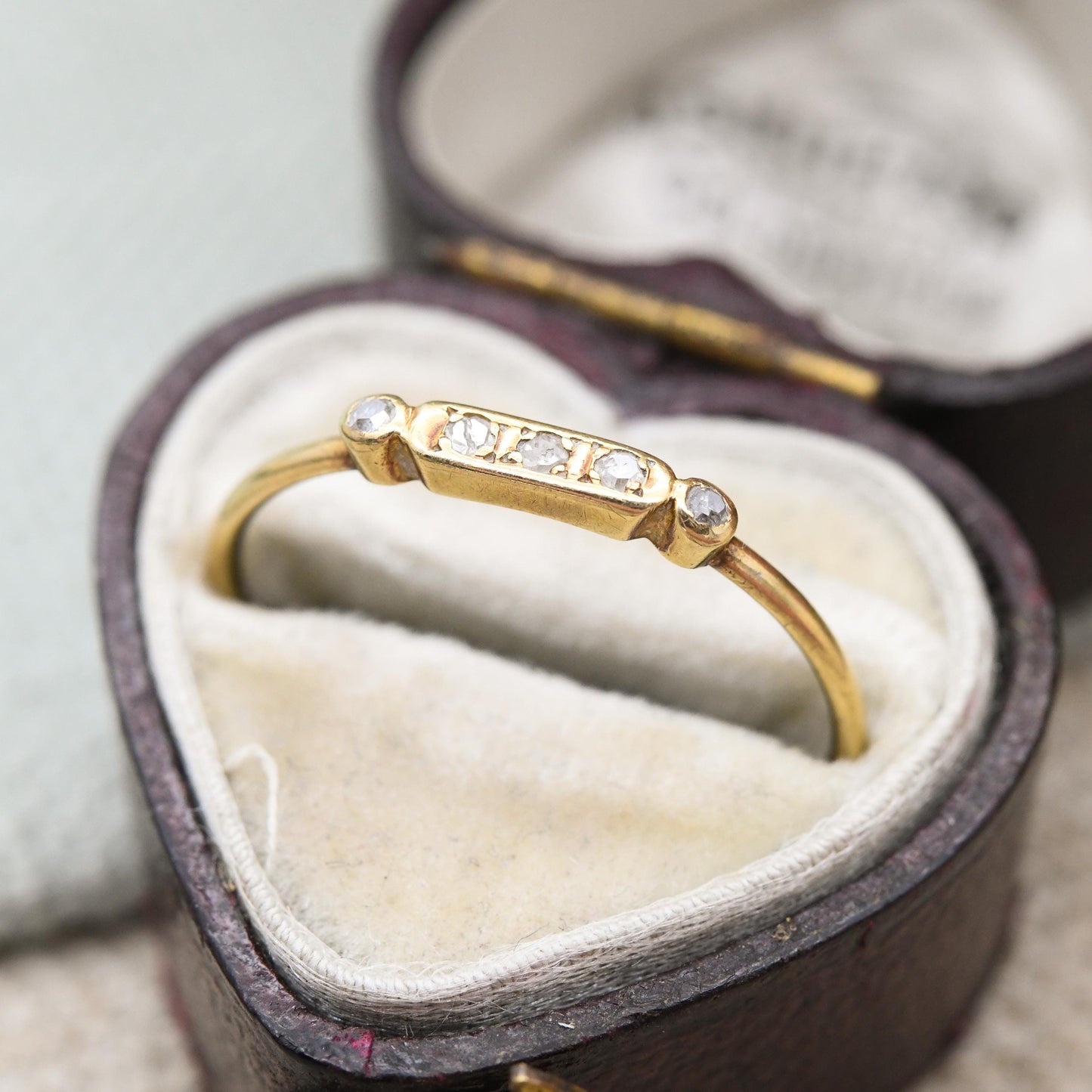 Vintage 18ct Gold Diamond Bar Ring - Minimal Cute Diamond Stacking Band Yellow Gold 5 Small Gemstones | UK Size - P | US Size - 7 1/2