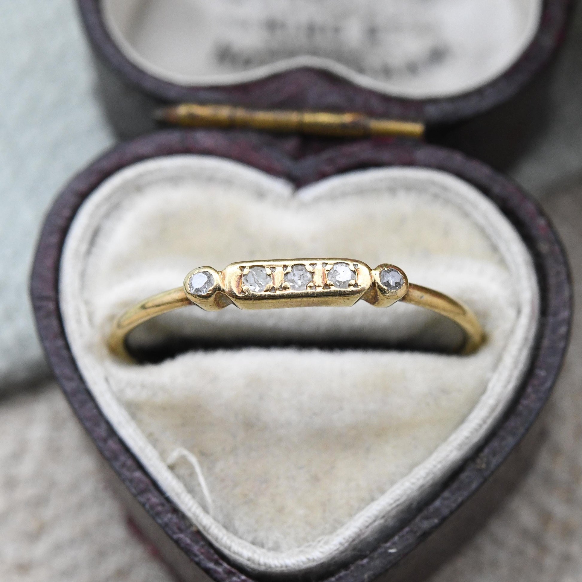 Vintage 18ct Gold Diamond Bar Ring - Minimal Cute Diamond Stacking Band Yellow Gold 5 Small Gemstones | UK Size - P | US Size - 7 1/2