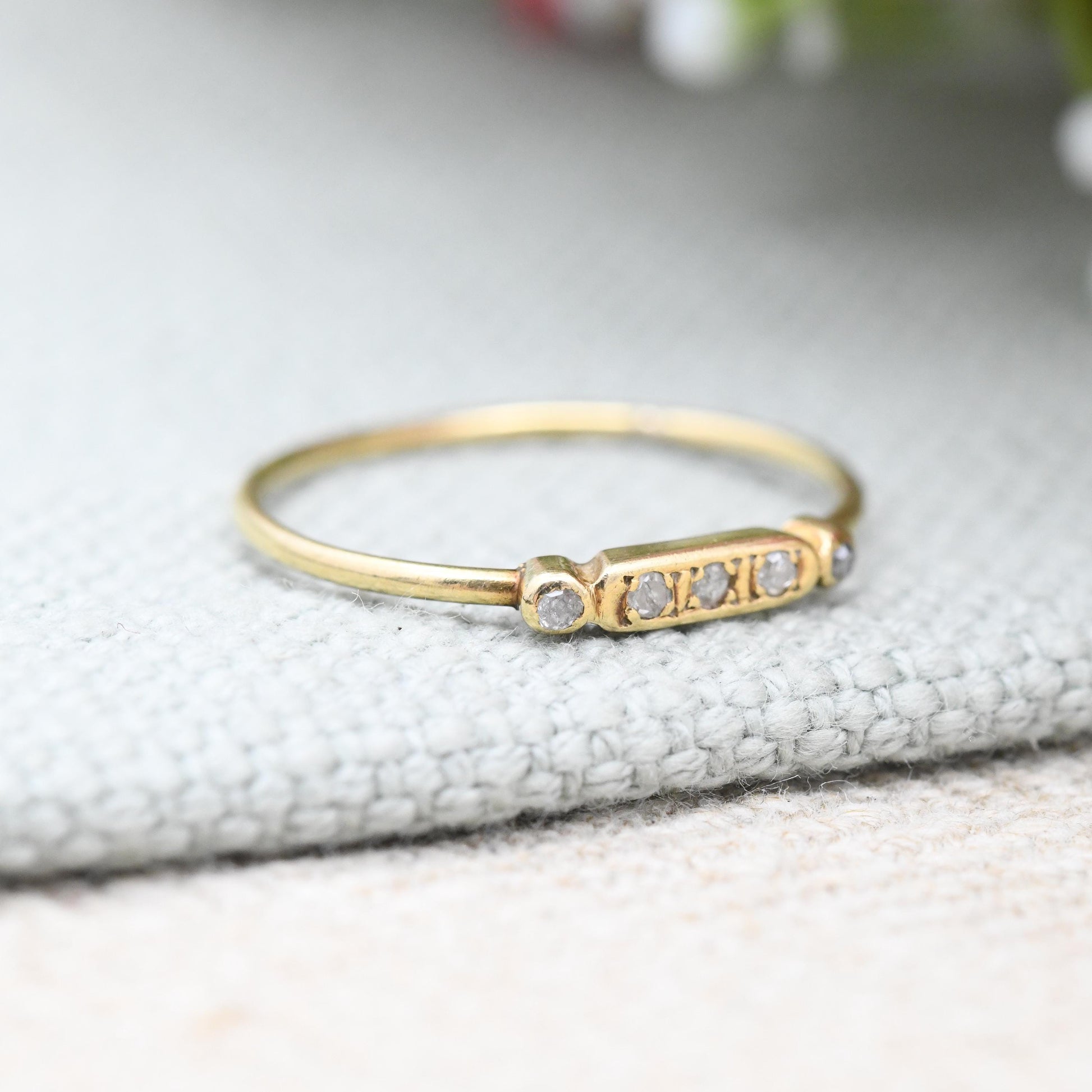 Vintage 18ct Gold Diamond Bar Ring - Minimal Cute Diamond Stacking Band Yellow Gold 5 Small Gemstones | UK Size - P | US Size - 7 1/2