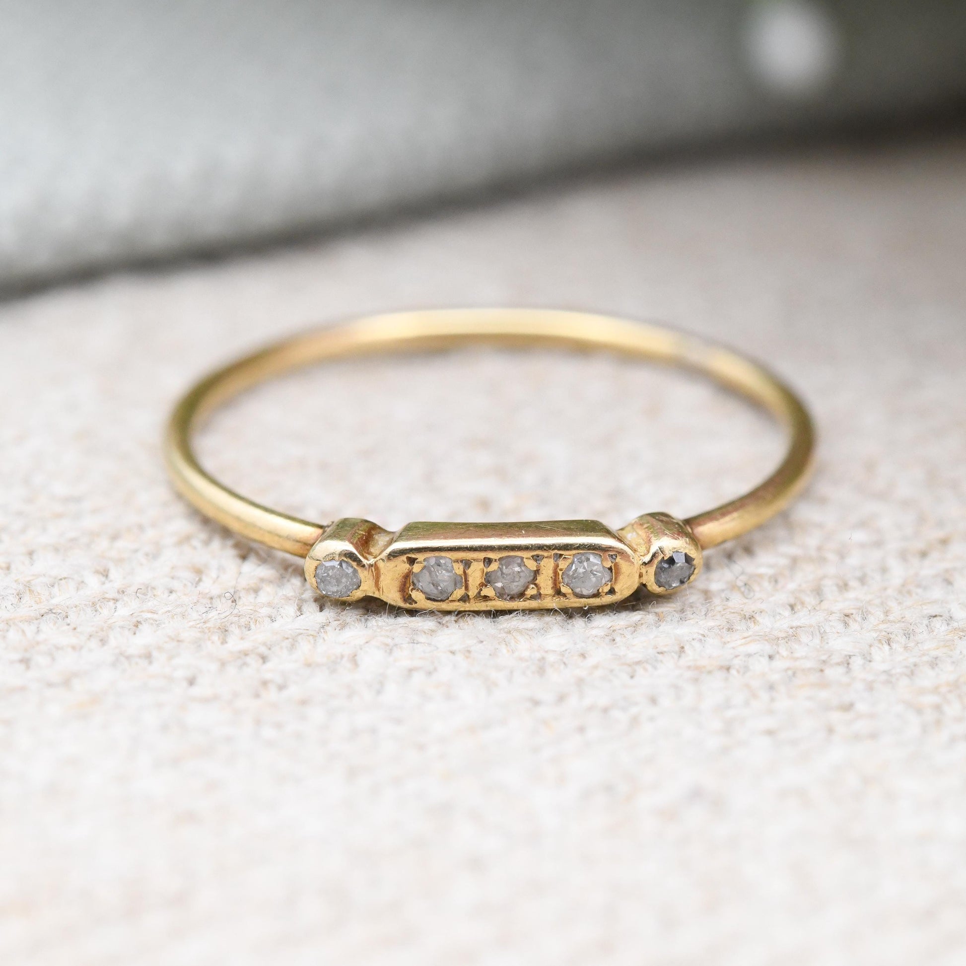 Vintage 18ct Gold Diamond Bar Ring - Minimal Cute Diamond Stacking Band Yellow Gold 5 Small Gemstones | UK Size - P | US Size - 7 1/2