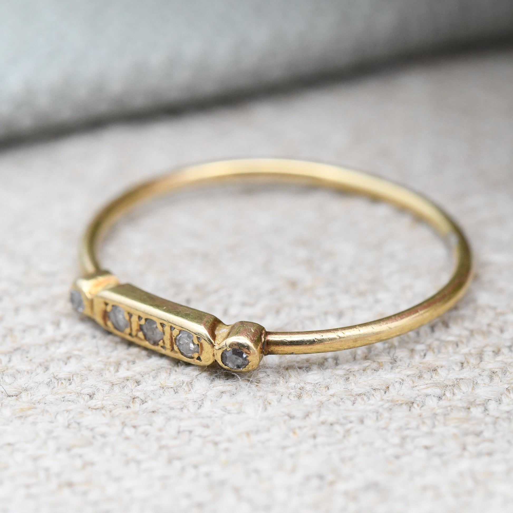 Vintage 18ct Gold Diamond Bar Ring - Minimal Cute Diamond Stacking Band Yellow Gold 5 Small Gemstones | UK Size - P | US Size - 7 1/2