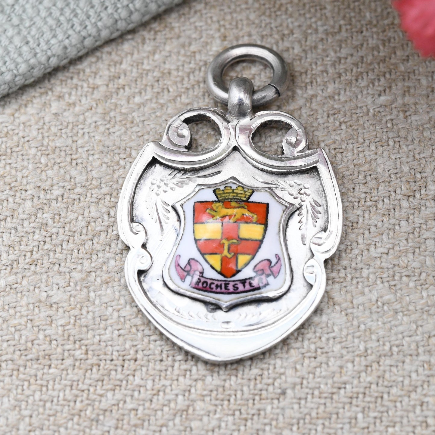 Vintage Sterling Silver Rochester Watch Fob Pendant 1927 by Robert Pringle - with Rochester Coat of Arms Flag Shield Shape Souvenir Gift