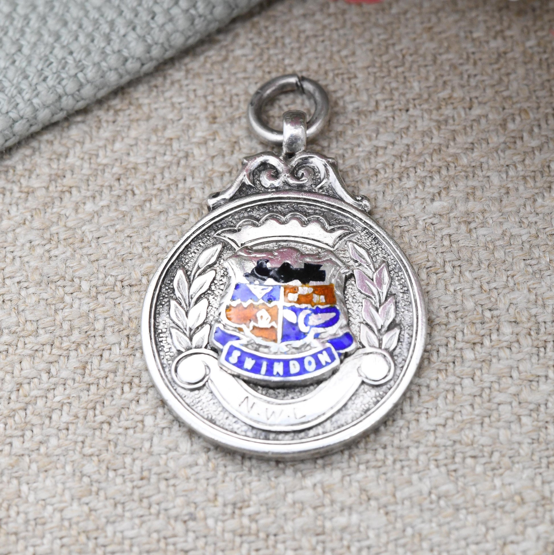 Vintage Sterling Silver Swindon Watch Fob Pendant with Shield Crest 1930 - Red Blue Enamel Black Steam Train | Winners Medal