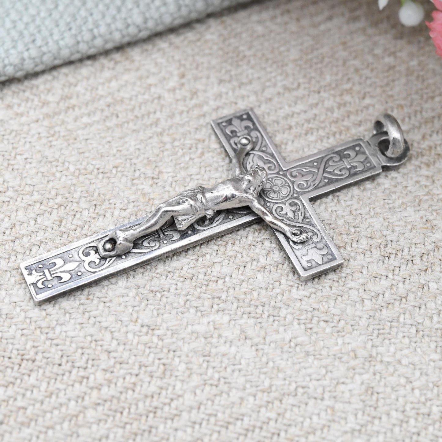 Vintage Silver Jesus on the Cross Pendant Ornate Design - Antique Style Christian Gift for Baptism Christening | Necklace Stack