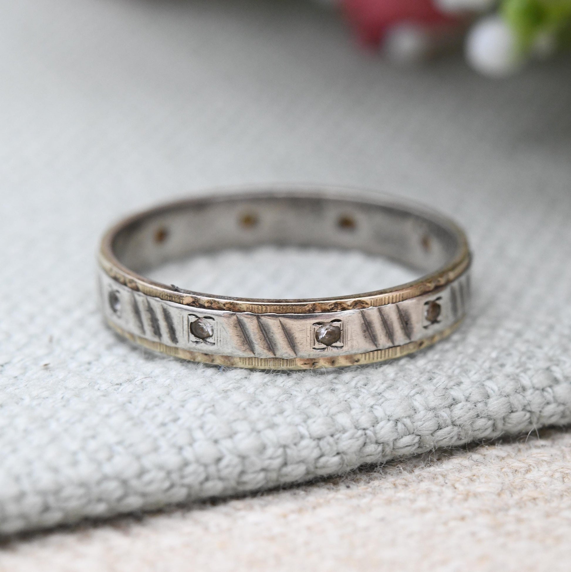 Vintage 9ct Gold & Sterling Silver Eternity Band Ring with Paste Stones - Patent Number 1310897 Wedding Band | UK Size - U | US Size - 10