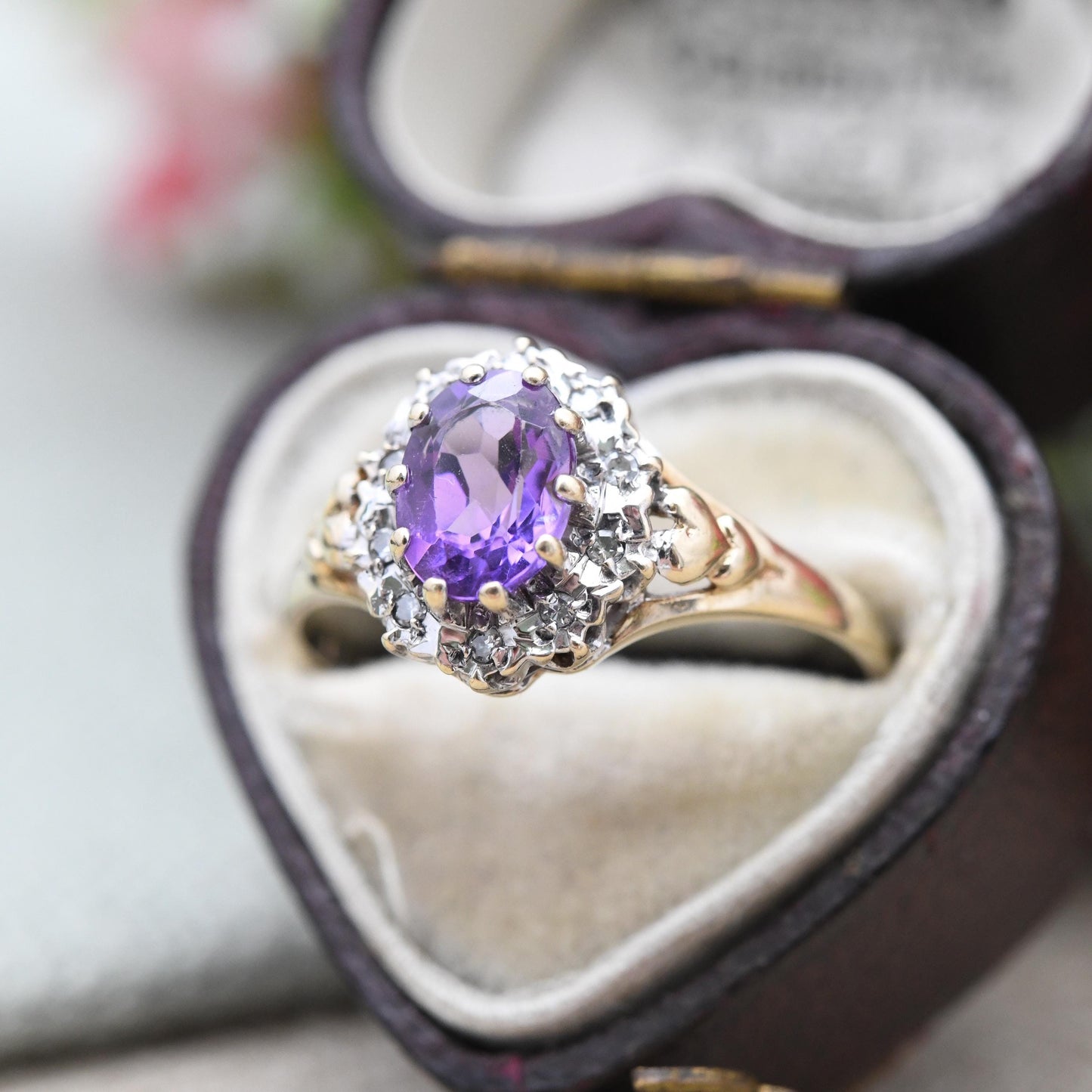 Vintage 9ct Gold Amethyst Diamond Cluster Ring 1989 - Love Heart Shoulders | Mid-Century Diamond Halo | UK Size - Q | US Size - 8 1/4