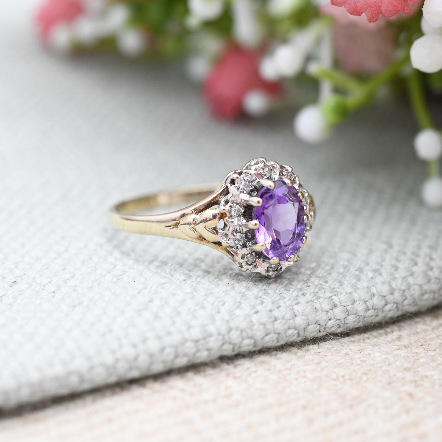 Vintage 9ct Gold Amethyst Diamond Cluster Ring 1989 - Love Heart Shoulders | Mid-Century Diamond Halo | UK Size - Q | US Size - 8 1/4