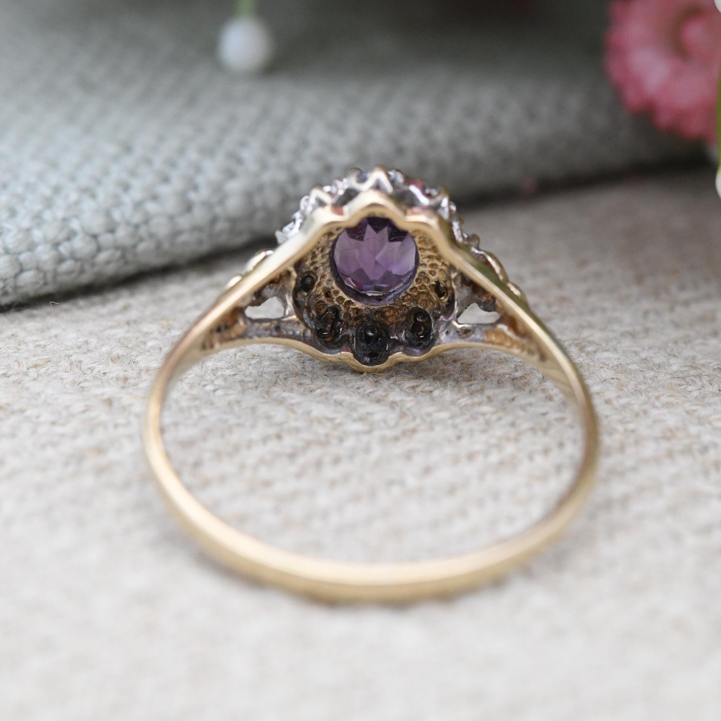 Vintage 9ct Gold Amethyst Diamond Cluster Ring 1989 - Love Heart Shoulders | Mid-Century Diamond Halo | UK Size - Q | US Size - 8 1/4