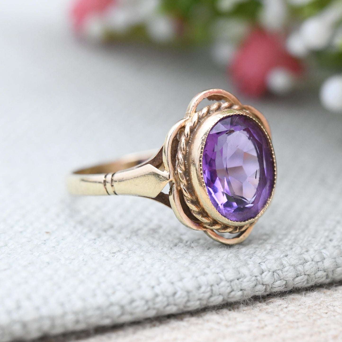 Vintage 9ct Gold Amethyst Ring - Mid-Century Large Purple Faceted Stone Solitaire Rope Twist | Pretty Gift | UK Size - Q | US Size - 8 1/4