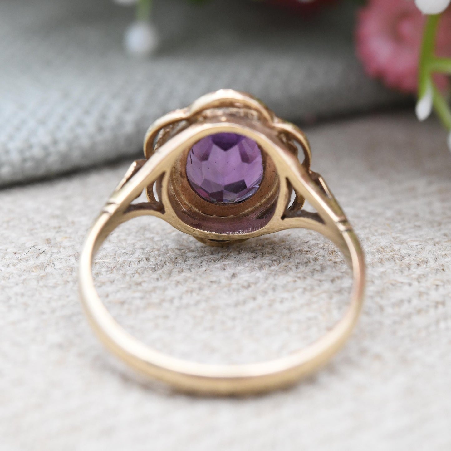 Vintage 9ct Gold Amethyst Ring - Mid-Century Large Purple Faceted Stone Solitaire Rope Twist | Pretty Gift | UK Size - Q | US Size - 8 1/4