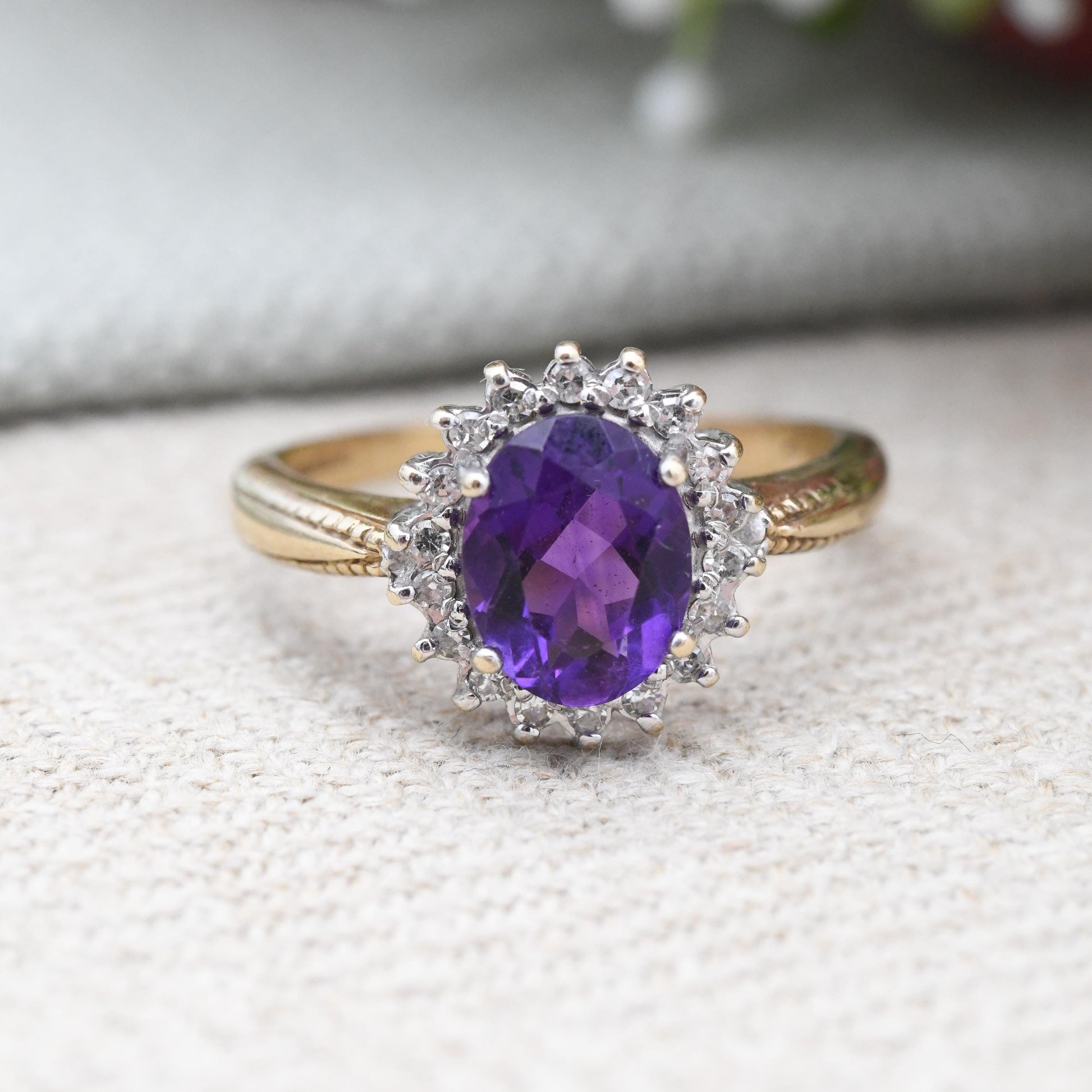 Vintage 9ct Gold Amethyst Diamond Cluster Ring .15 Carats - 15 Point Diamond Halo Deep Purple Gemstone | UK Size - Q 1/2 | US Size - 8 1/2