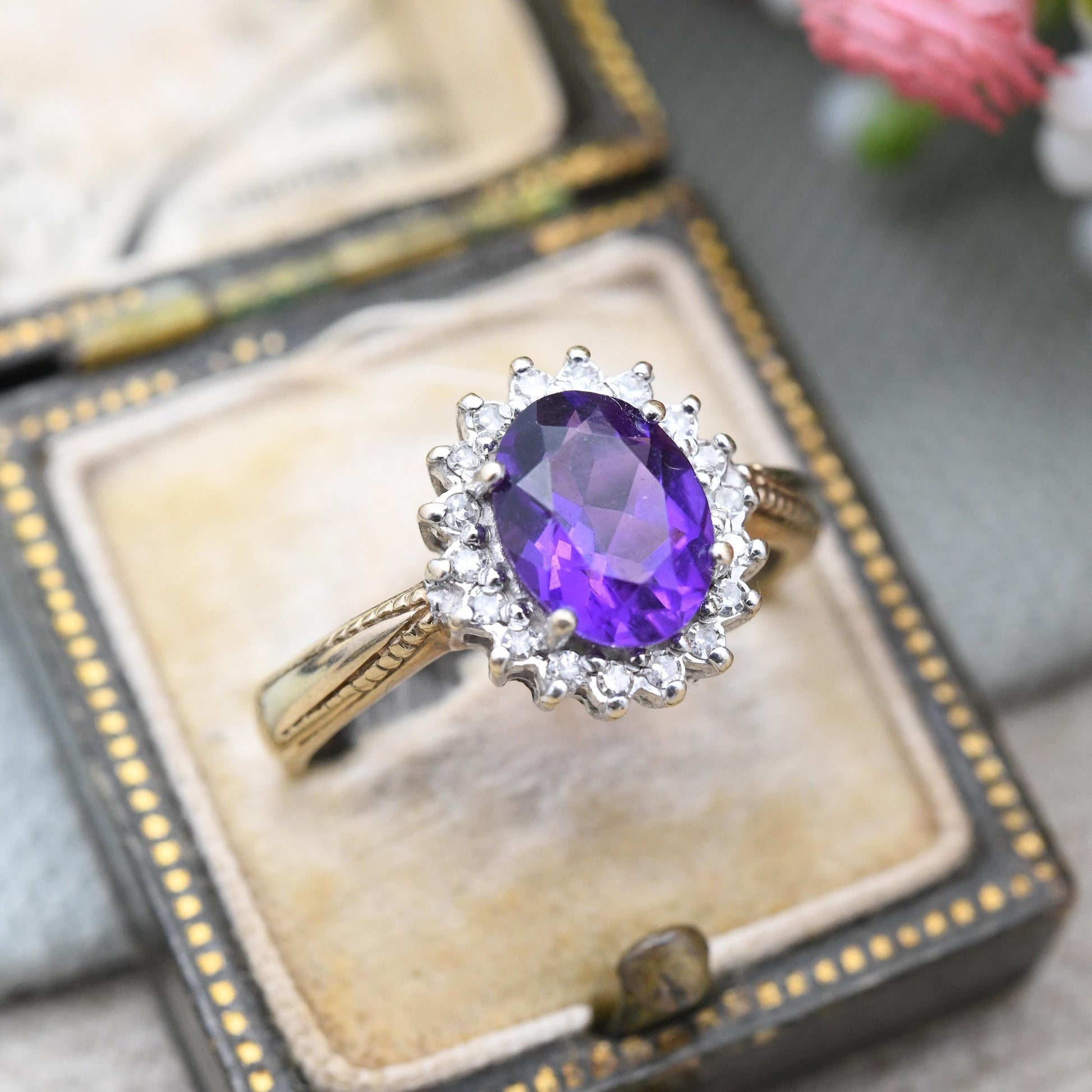 Vintage 9ct Gold Amethyst Diamond Cluster Ring .15 Carats - 15 Point Diamond Halo Deep Purple Gemstone | UK Size - Q 1/2 | US Size - 8 1/2