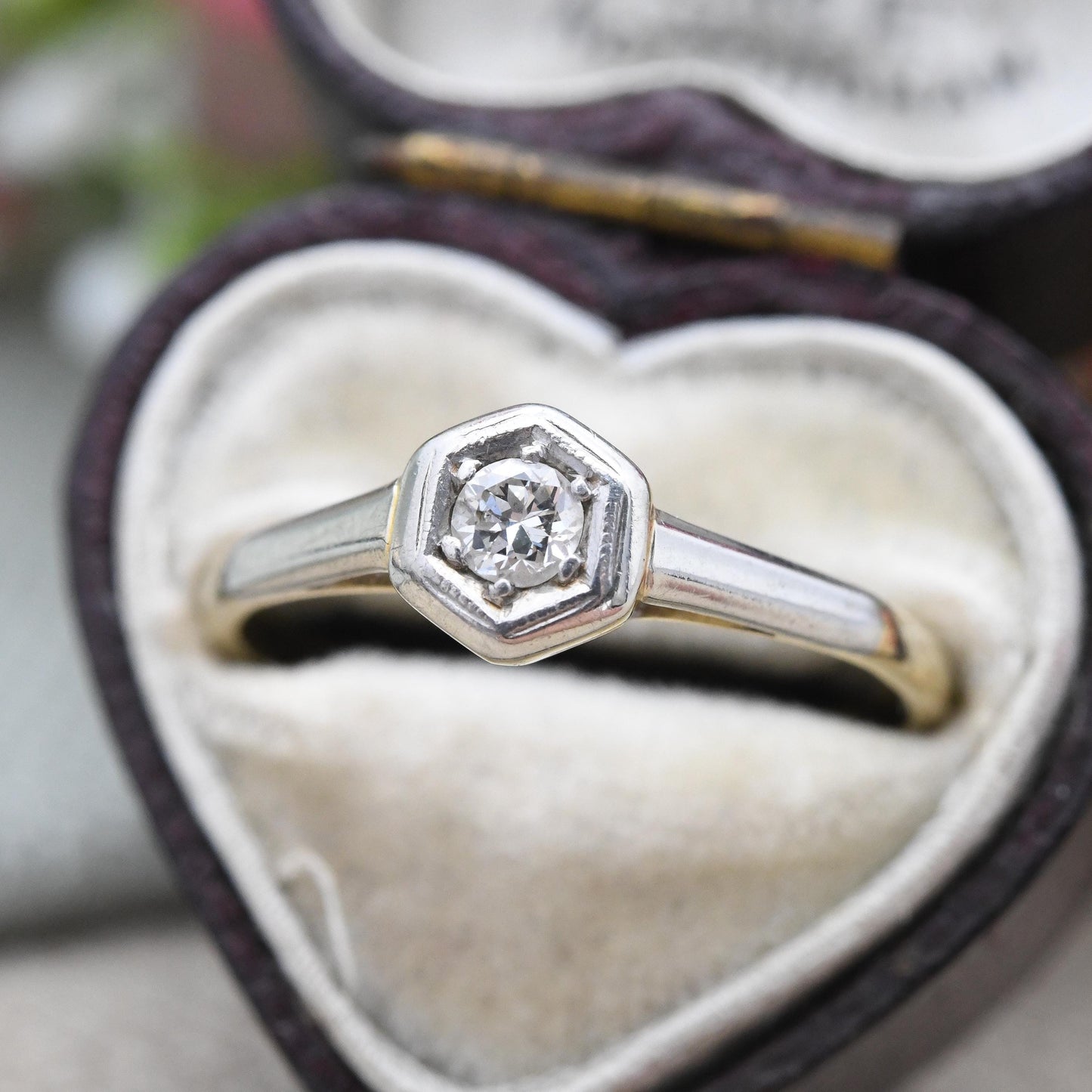 Vintage 18ct Gold Diamond Solitaire Ring - Vintage Art Deco Engagement Ring Hexagonal Shape White Front | UK Size - Q | US Size - 8