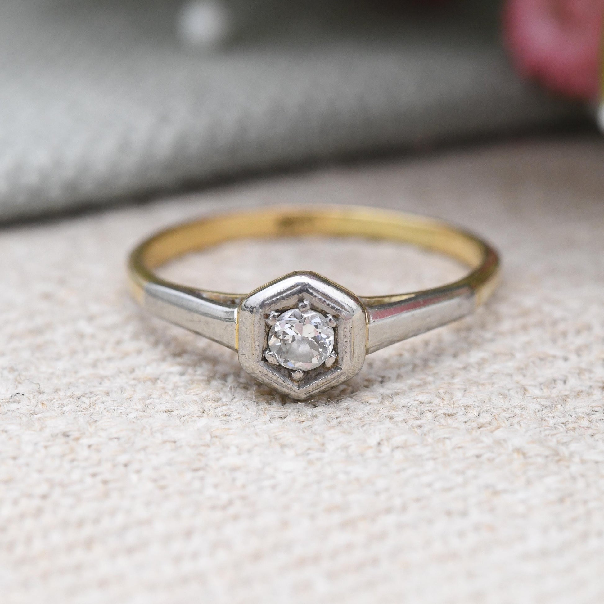 Vintage 18ct Gold Diamond Solitaire Ring - Vintage Art Deco Engagement Ring Hexagonal Shape White Front | UK Size - Q | US Size - 8