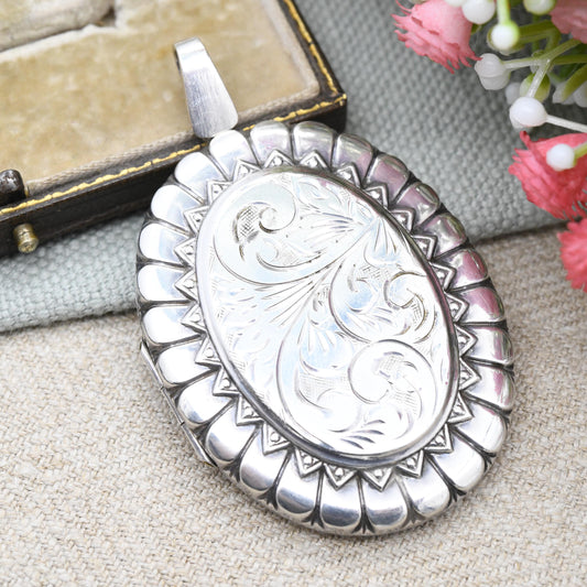 Vintage Sterling Silver Locket Pendant with Engraved Scrolling Design 1974 by Joseph Smith & Sons - Chunky Large Oval Locket Victorian Style