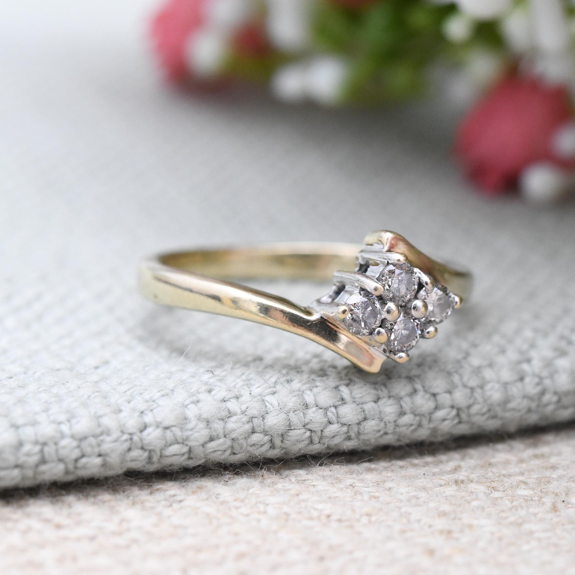 Vintage 9ct Gold Diamond Cluster Ring 20 Points 0.2ct - 4 Stones Yellow Gold Bypass Style Engagement Ring | UK Size - L | US Size - 5 3/4