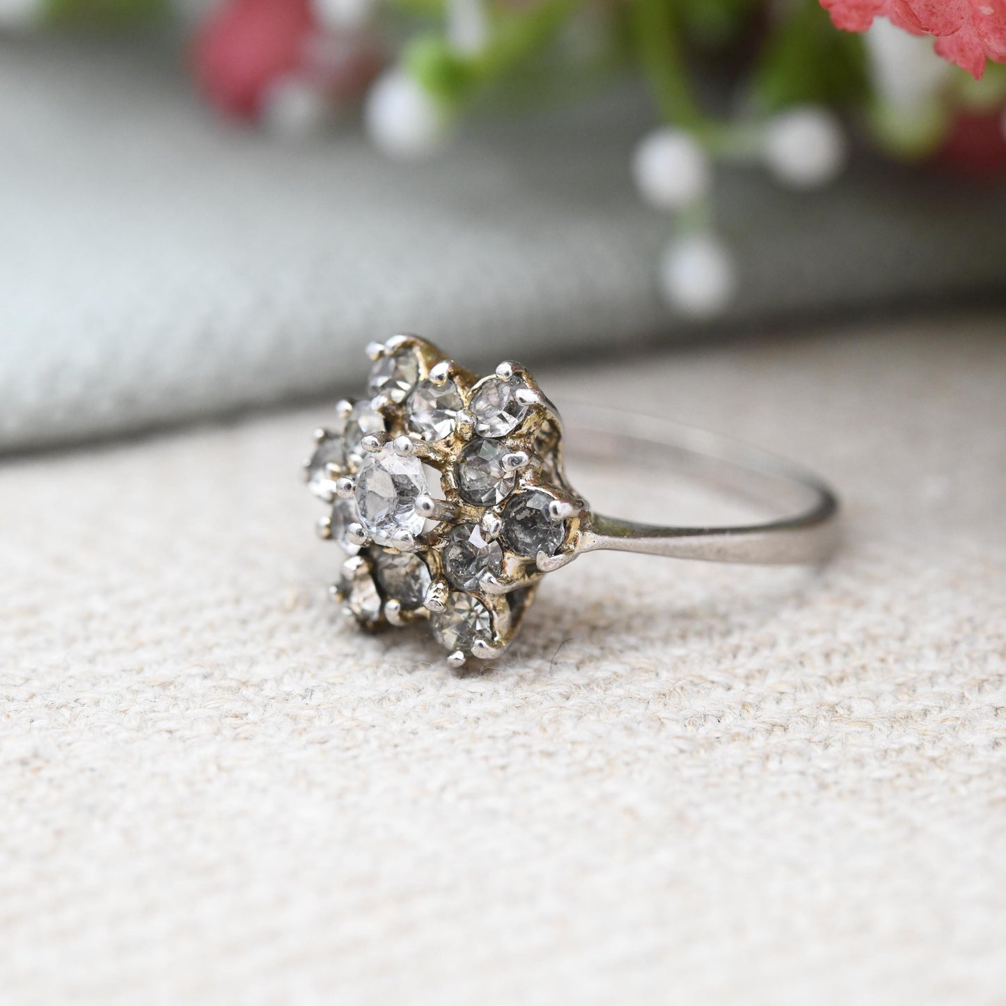 Vintage Sterling Silver Cluster Ring - Clear Crystal Stones | Statement Cocktail Ring | Pretty Gift for Her | UK Size - N | US Size - 6 3/4