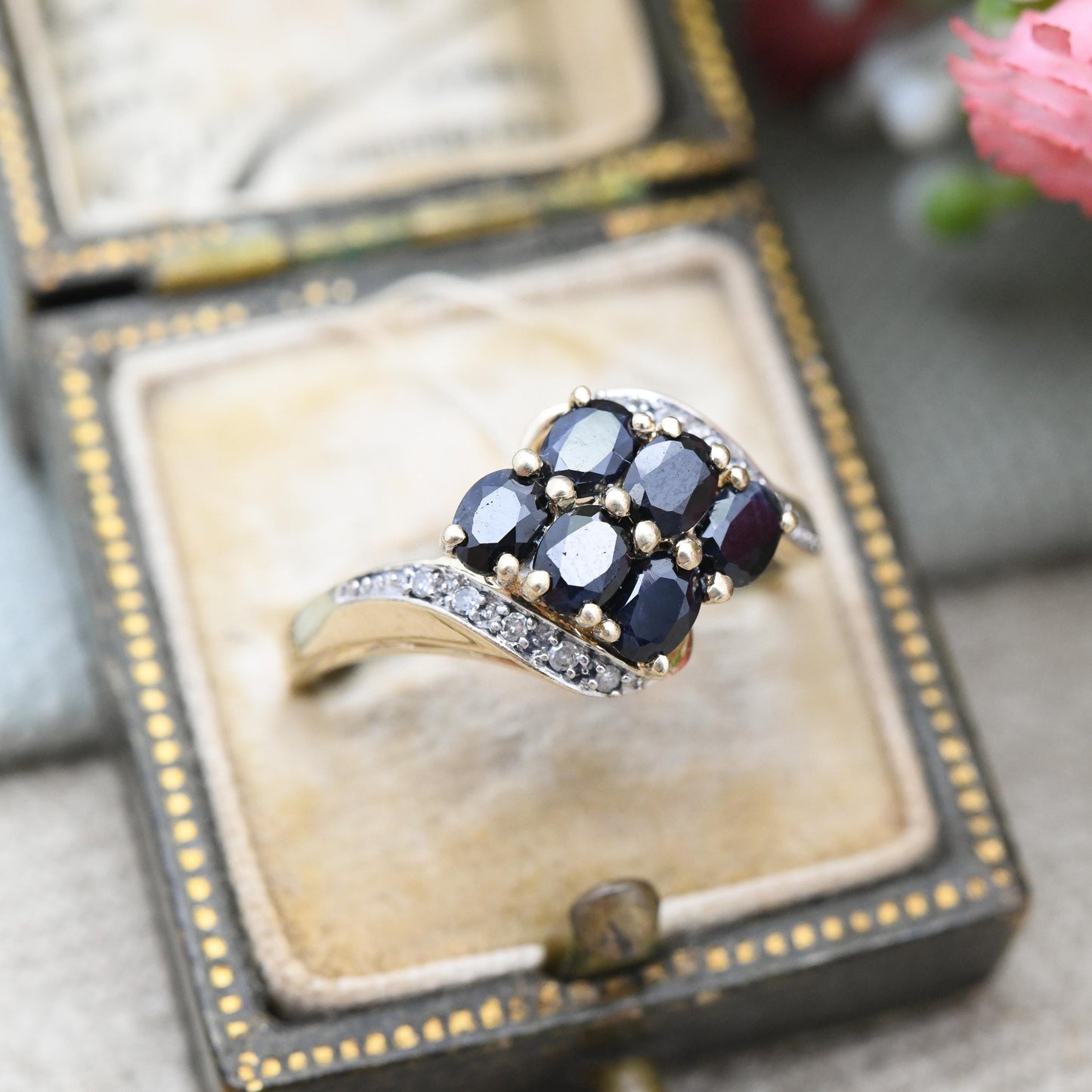 Vintage 9ct Gold Sapphire Ring with Diamond Accents - Statement Cocktail Deep Blue Ring Gift Pave Set | UK Size - P | US Size - 7 1/2