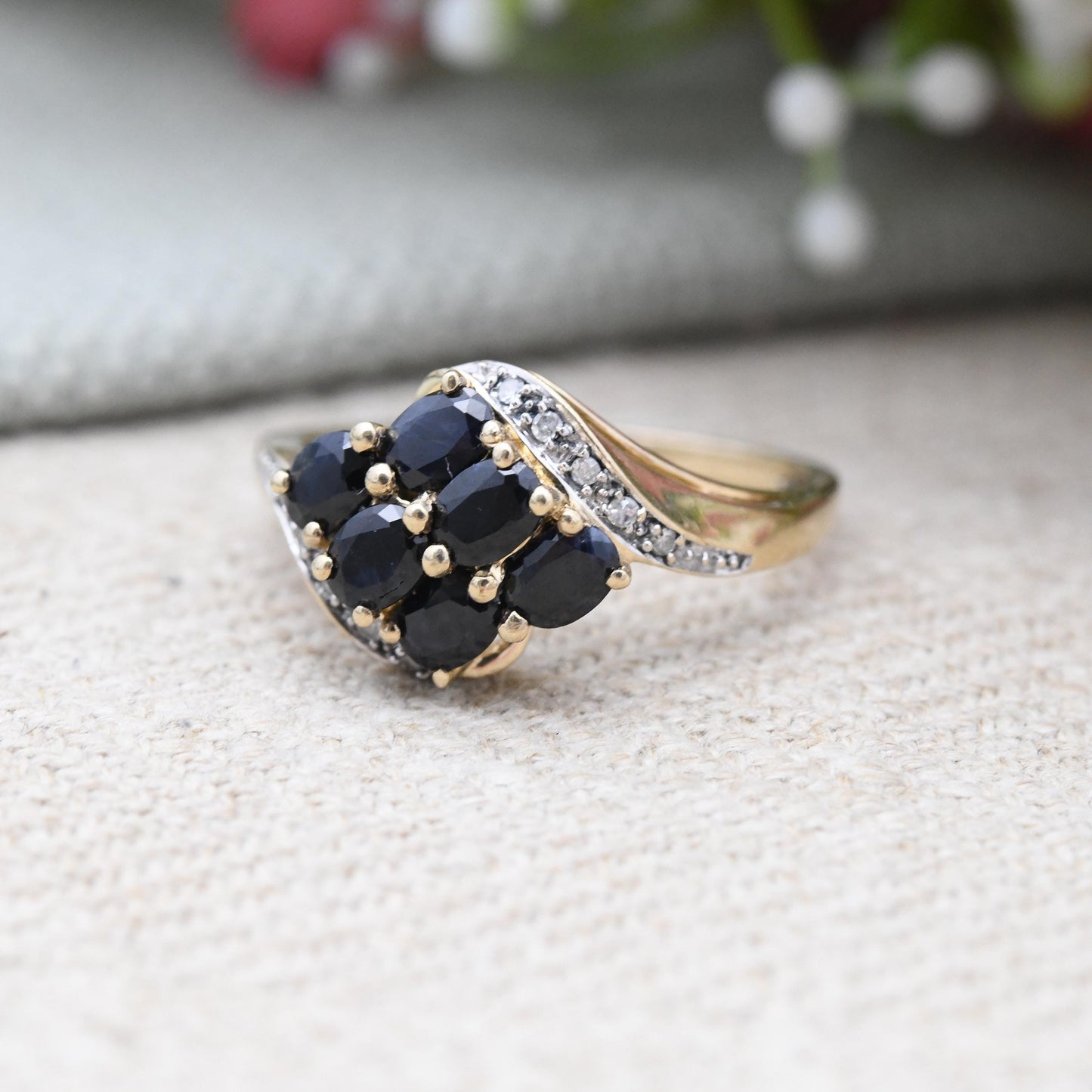 Vintage 9ct Gold Sapphire Ring with Diamond Accents - Statement Cocktail Deep Blue Ring Gift Pave Set | UK Size - P | US Size - 7 1/2