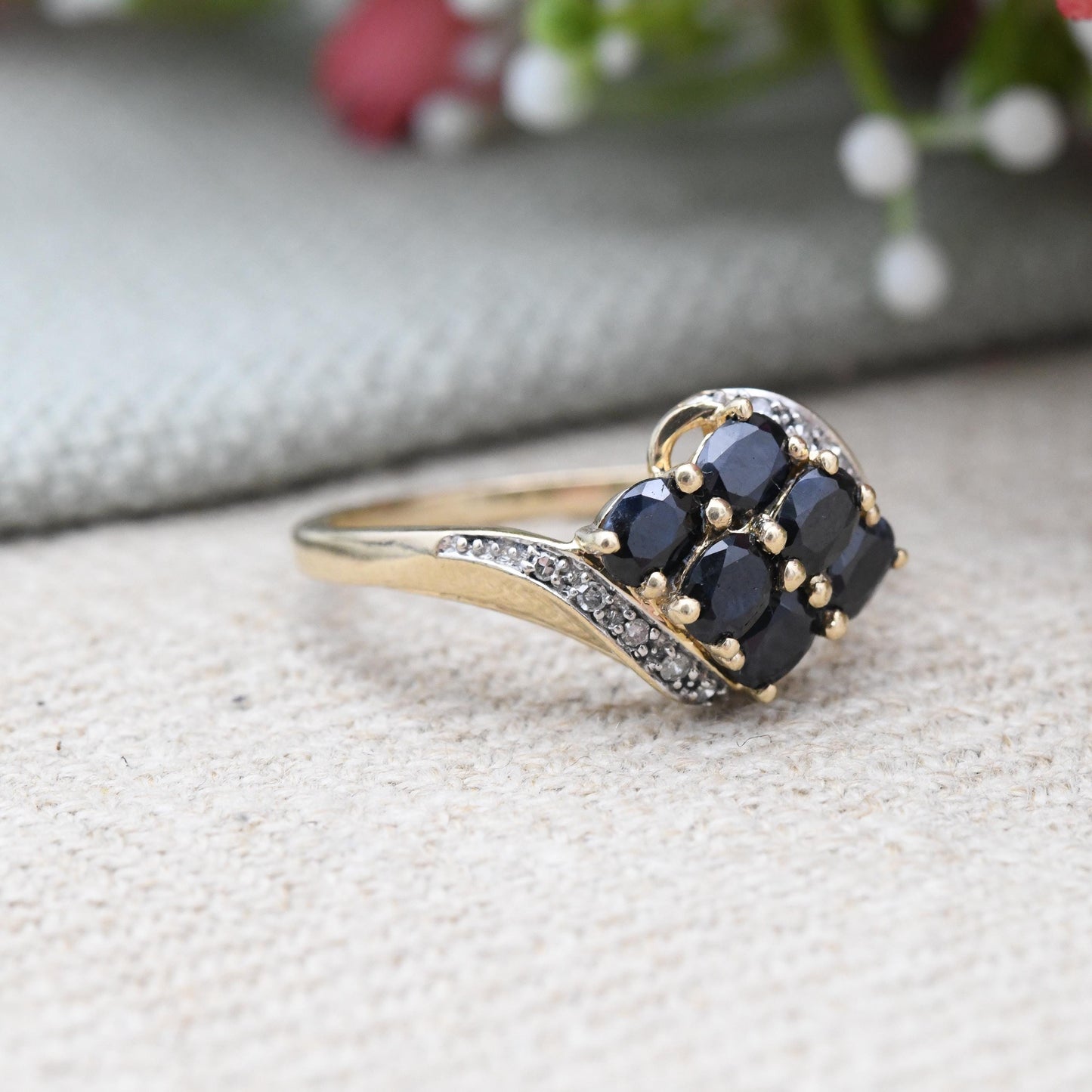 Vintage 9ct Gold Sapphire Ring with Diamond Accents - Statement Cocktail Deep Blue Ring Gift Pave Set | UK Size - P | US Size - 7 1/2