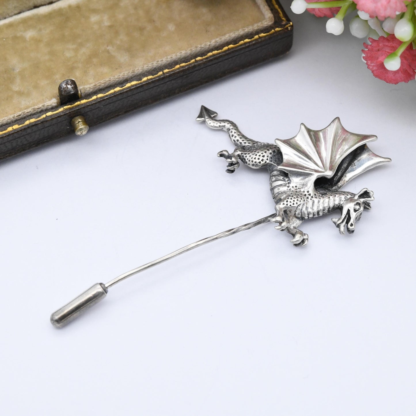 Vintage Sterling Silver Dragon Stick Brooch Tie Pin 1986 - Large Textured Dragon Novelty Fantasy Stick Pin | Gift for Him