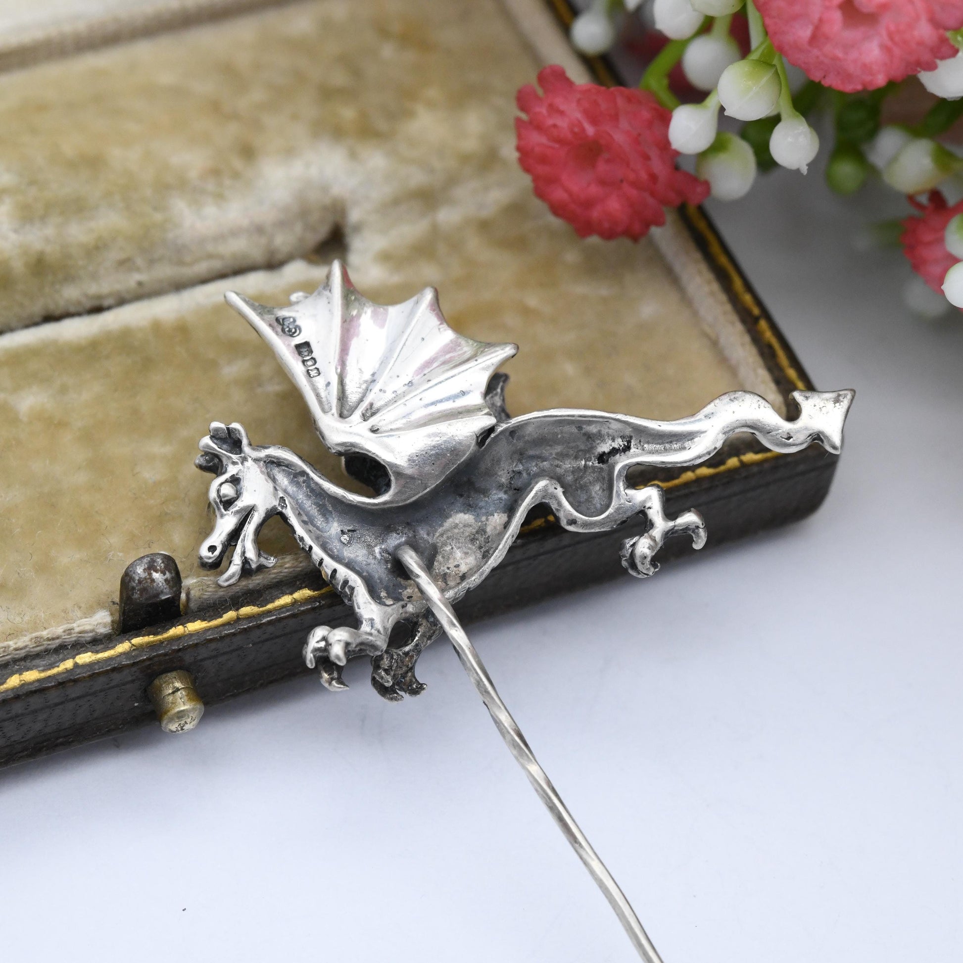 Vintage Sterling Silver Dragon Stick Brooch Tie Pin 1986 - Large Textured Dragon Novelty Fantasy Stick Pin | Gift for Him