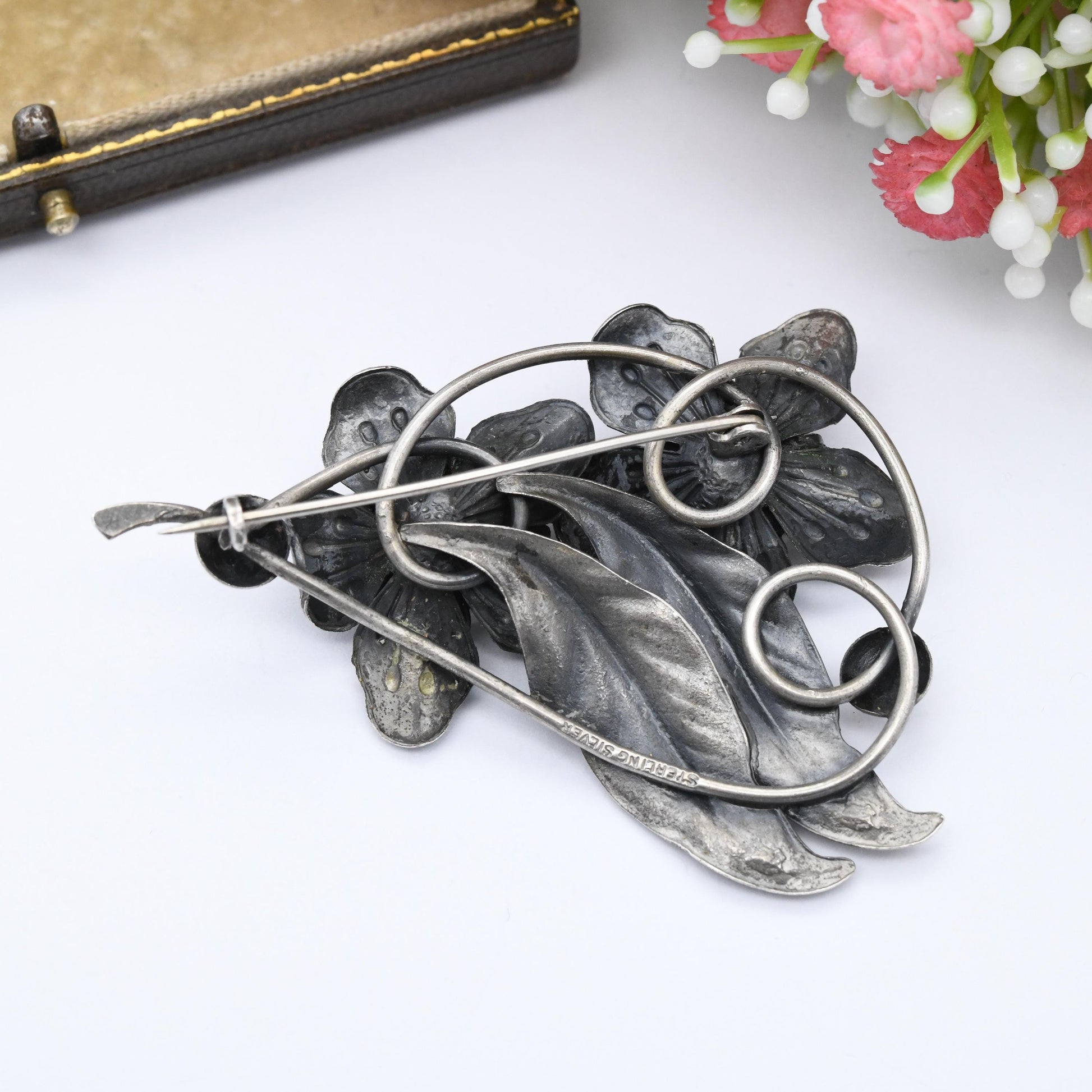 Vintage Sterling Silver Large Flowers Brooch with White Stones - Opalised Frosted Glass | Textured Flower Jewellery | Statement Brooch Gift