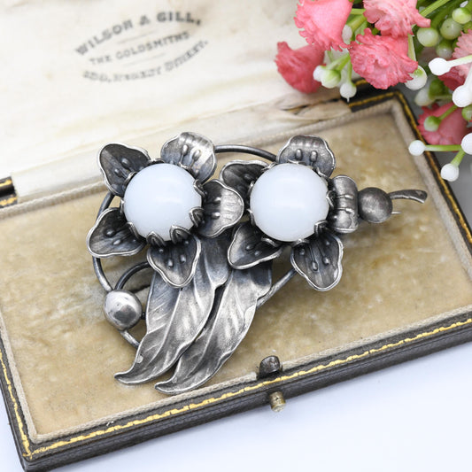 Vintage Sterling Silver Large Flowers Brooch with White Stones - Opalised Frosted Glass | Textured Flower Jewellery | Statement Brooch Gift